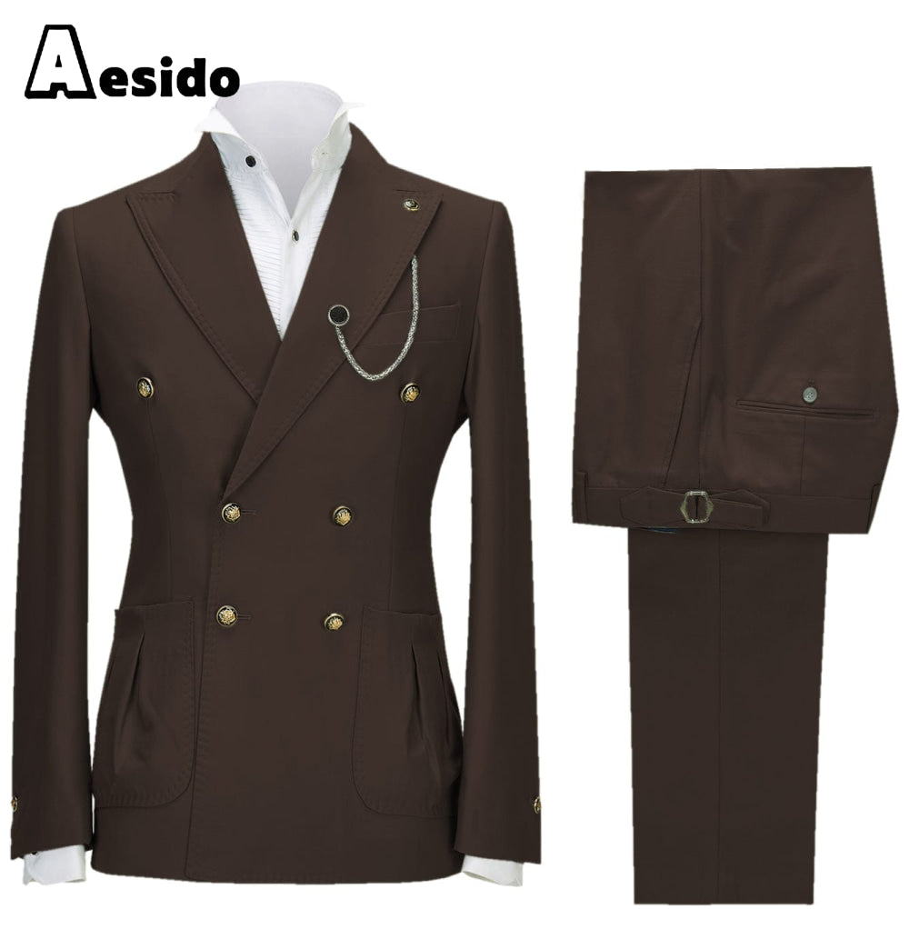 aesido 2 Pieces Double Button Peak Lapel Men Suit(BLazer+Pants)