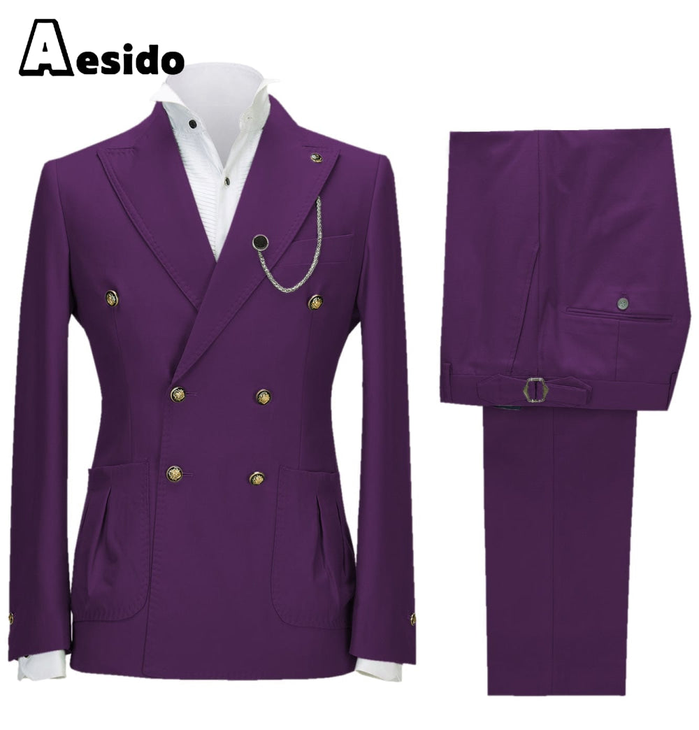 aesido 2 Pieces Double Button Peak Lapel Men Suit(BLazer+Pants)
