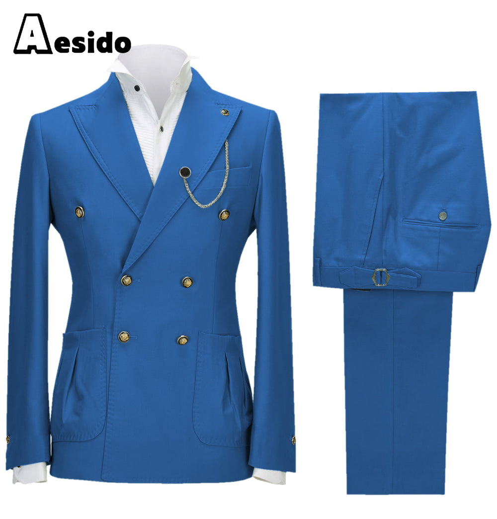 aesido 2 Pieces Double Button Peak Lapel Men Suit(BLazer+Pants)