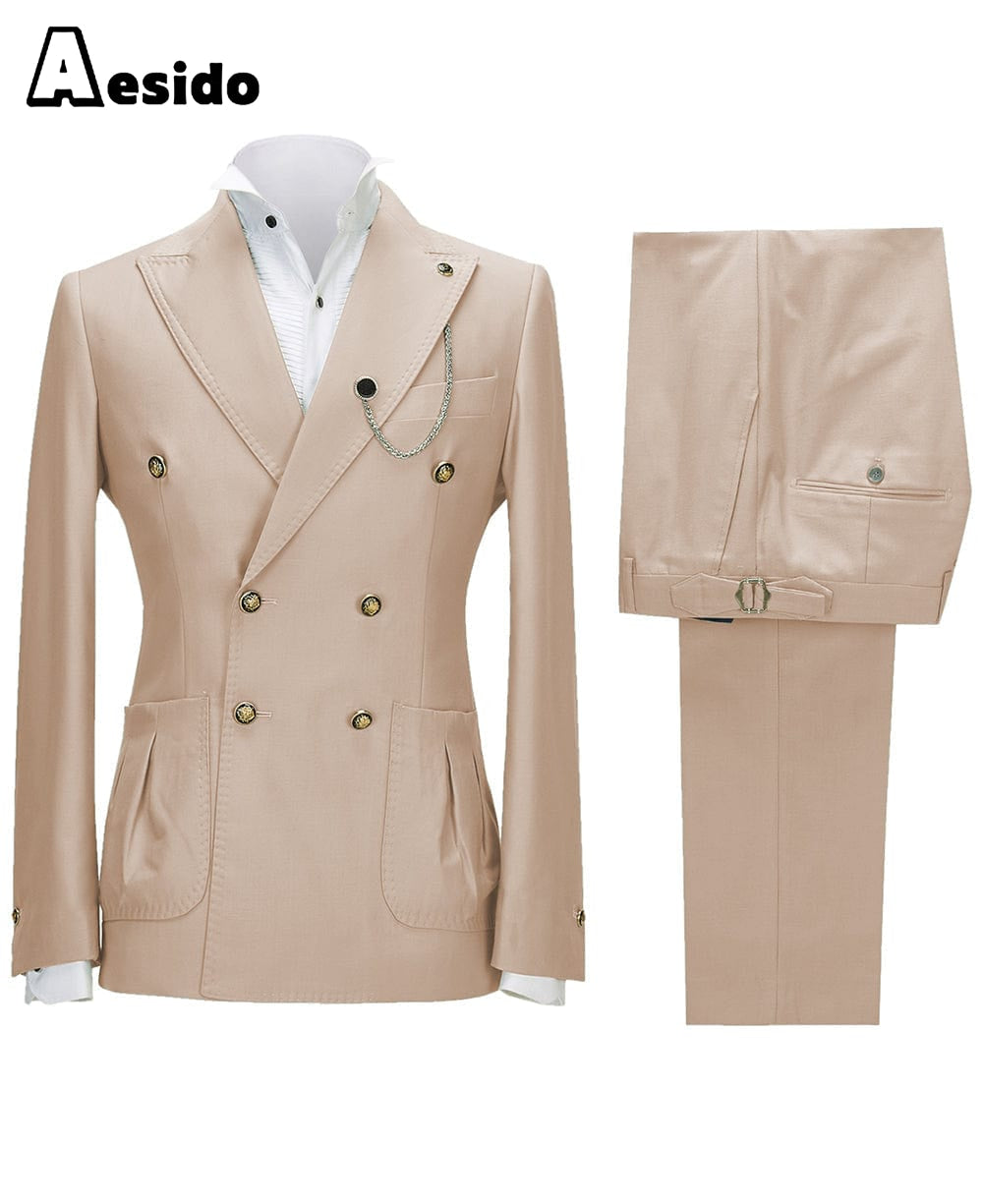 aesido 2 Pieces Double Button Peak Lapel Men Suit(BLazer+Pants)