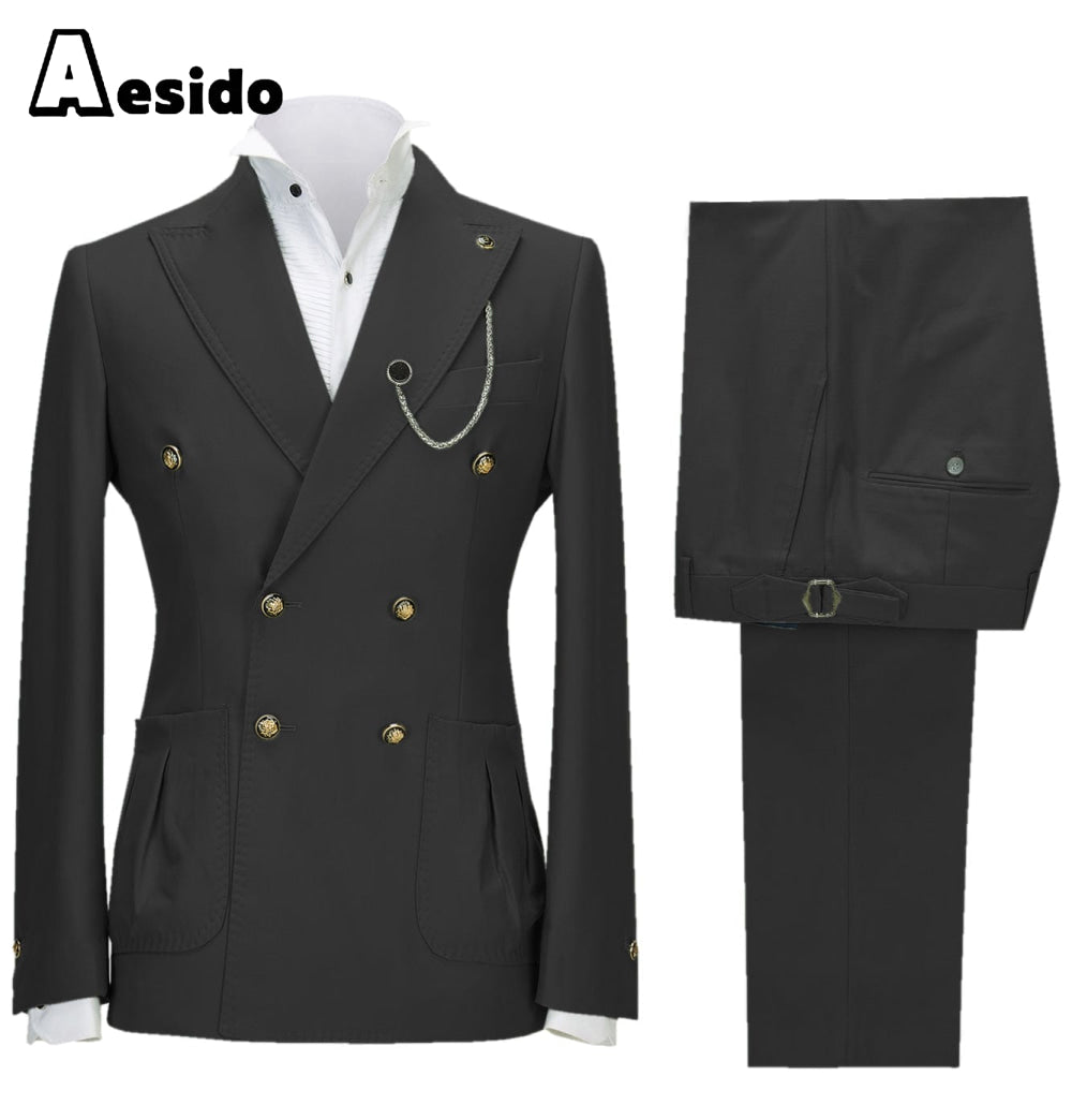 aesido 2 Pieces Double Button Peak Lapel Men Suit(BLazer+Pants)