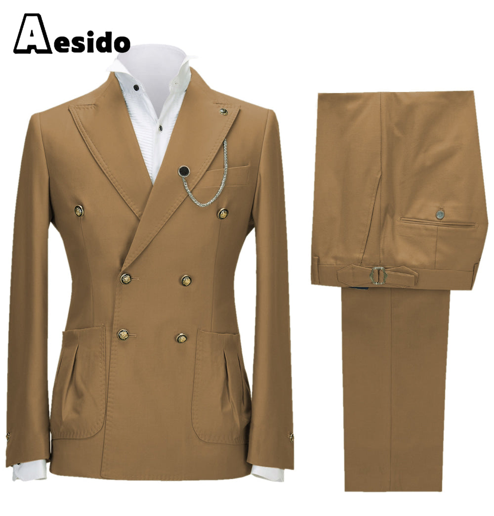 aesido 2 Pieces Double Button Peak Lapel Men Suit(BLazer+Pants)