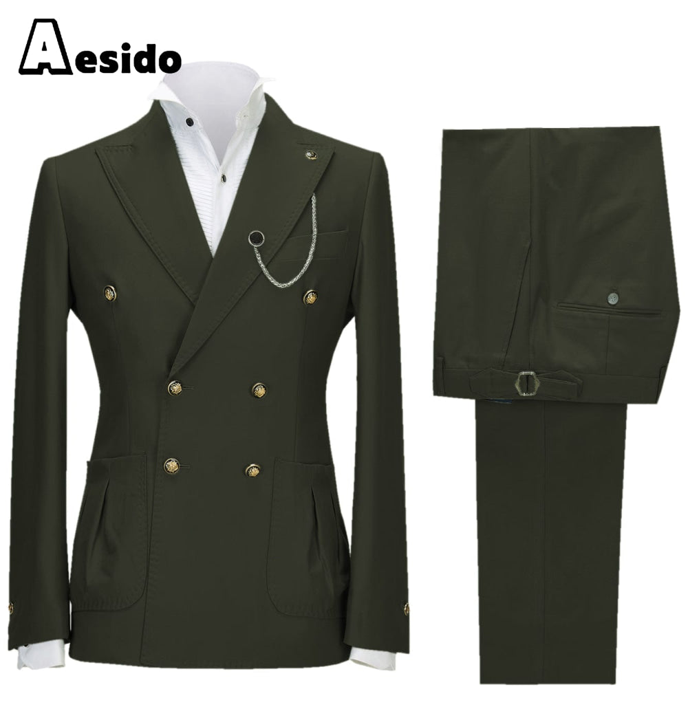 aesido 2 Pieces Double Button Peak Lapel Men Suit(BLazer+Pants)