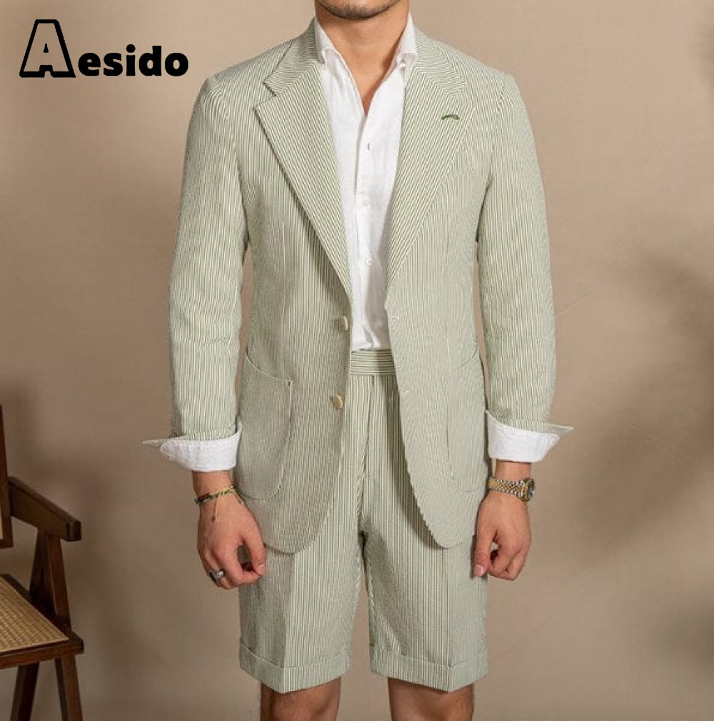 Aesido 2024 New Summer Seersucker Notch Lapel Fashion Men's Suits (Blazer+Shorts) Navy Blue / 40R Aesido 2024 New Summer Seersucker Notch Lapel Fashion Men's Suits (Blazer+Shorts) Navy Blue / 40R