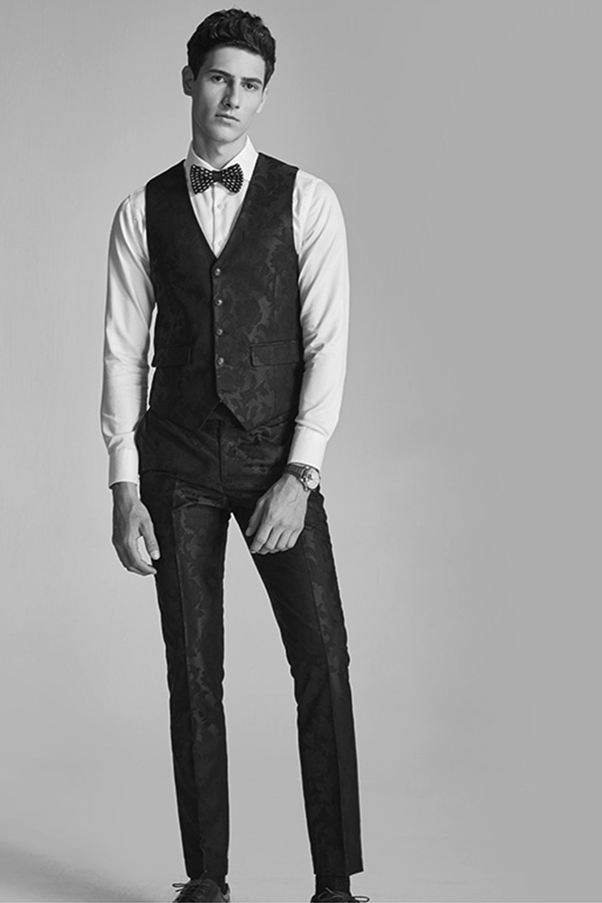 aesido 3 Piece Black Jacquard Men's Suit Business Slim Fit Groom Wedding Dress