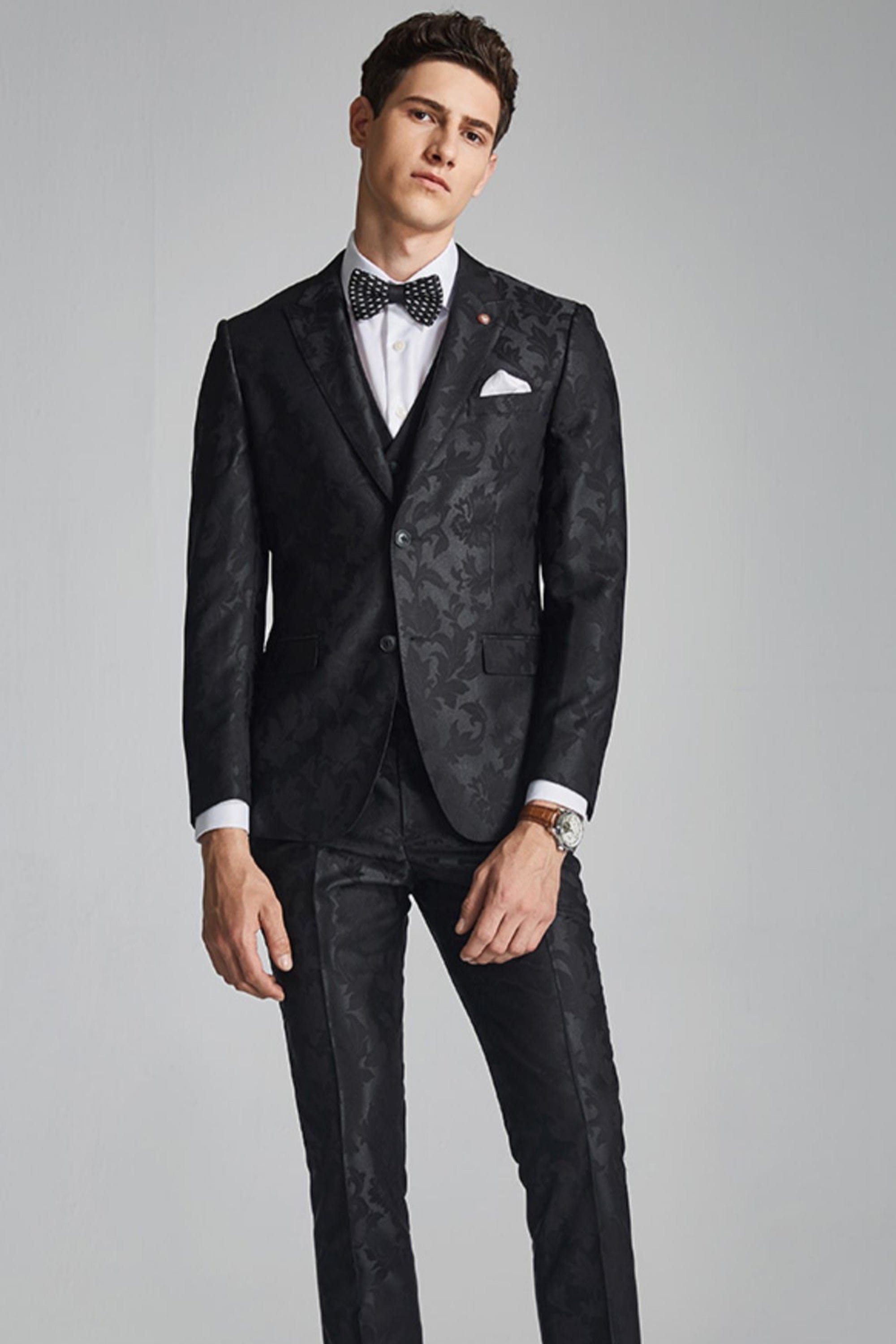 aesido 3 Piece Black Jacquard Men's Suit Business Slim Fit Groom Wedding Dress