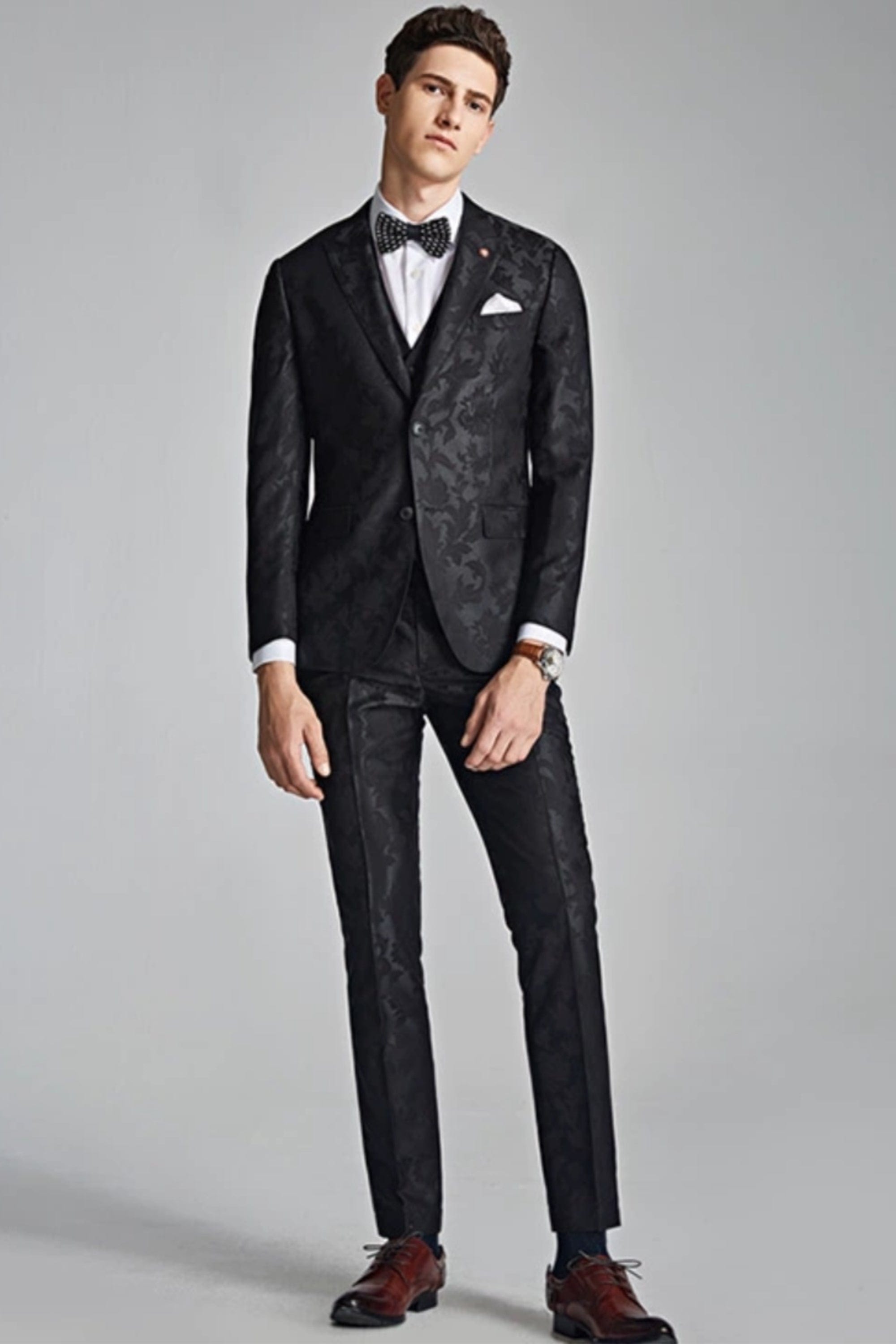 aesido 3 Piece Black Jacquard Men's Suit Business Slim Fit Groom Wedding Dress