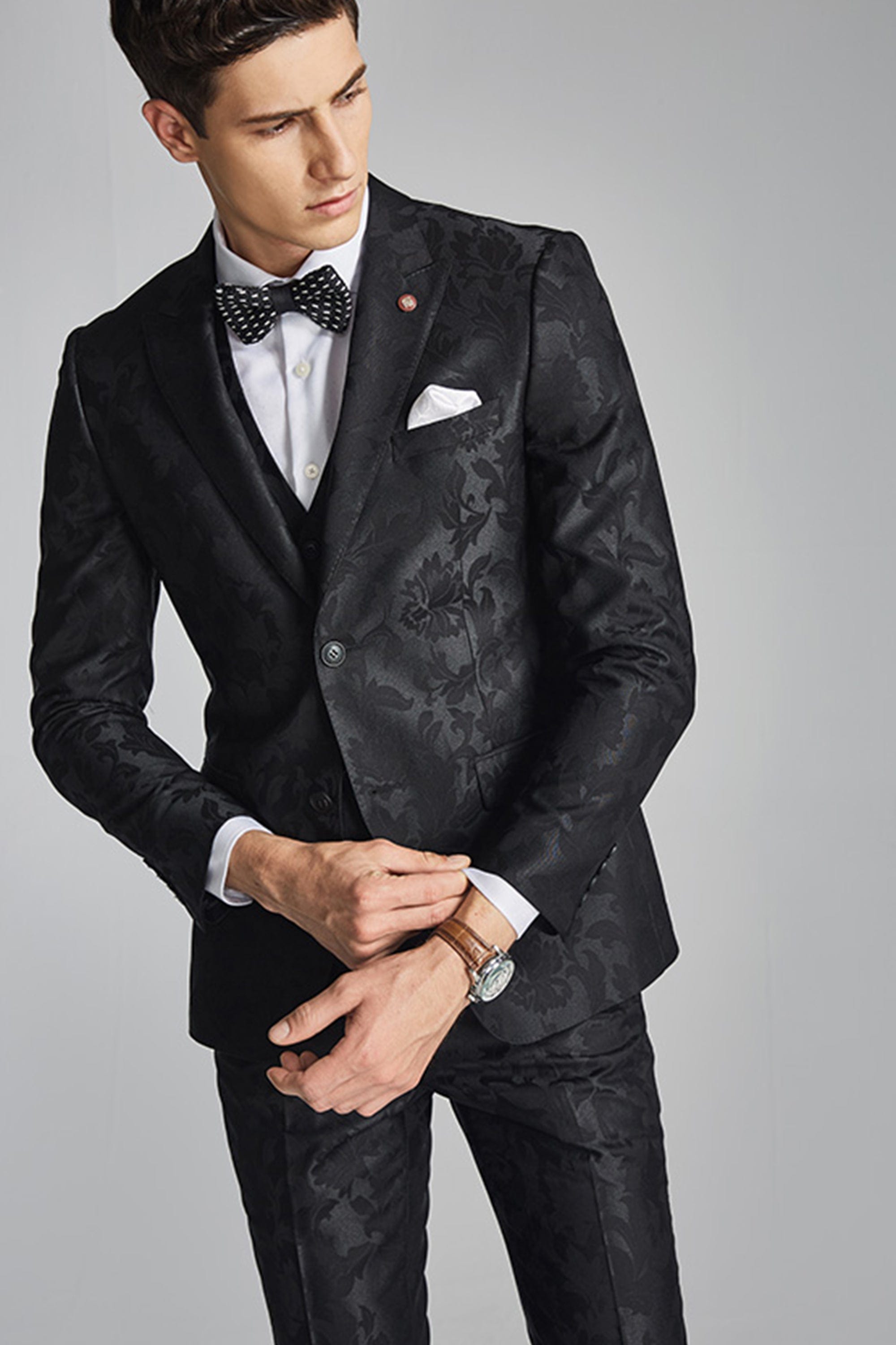 aesido 3 Piece Black Jacquard Men's Suit Business Slim Fit Groom Wedding Dress