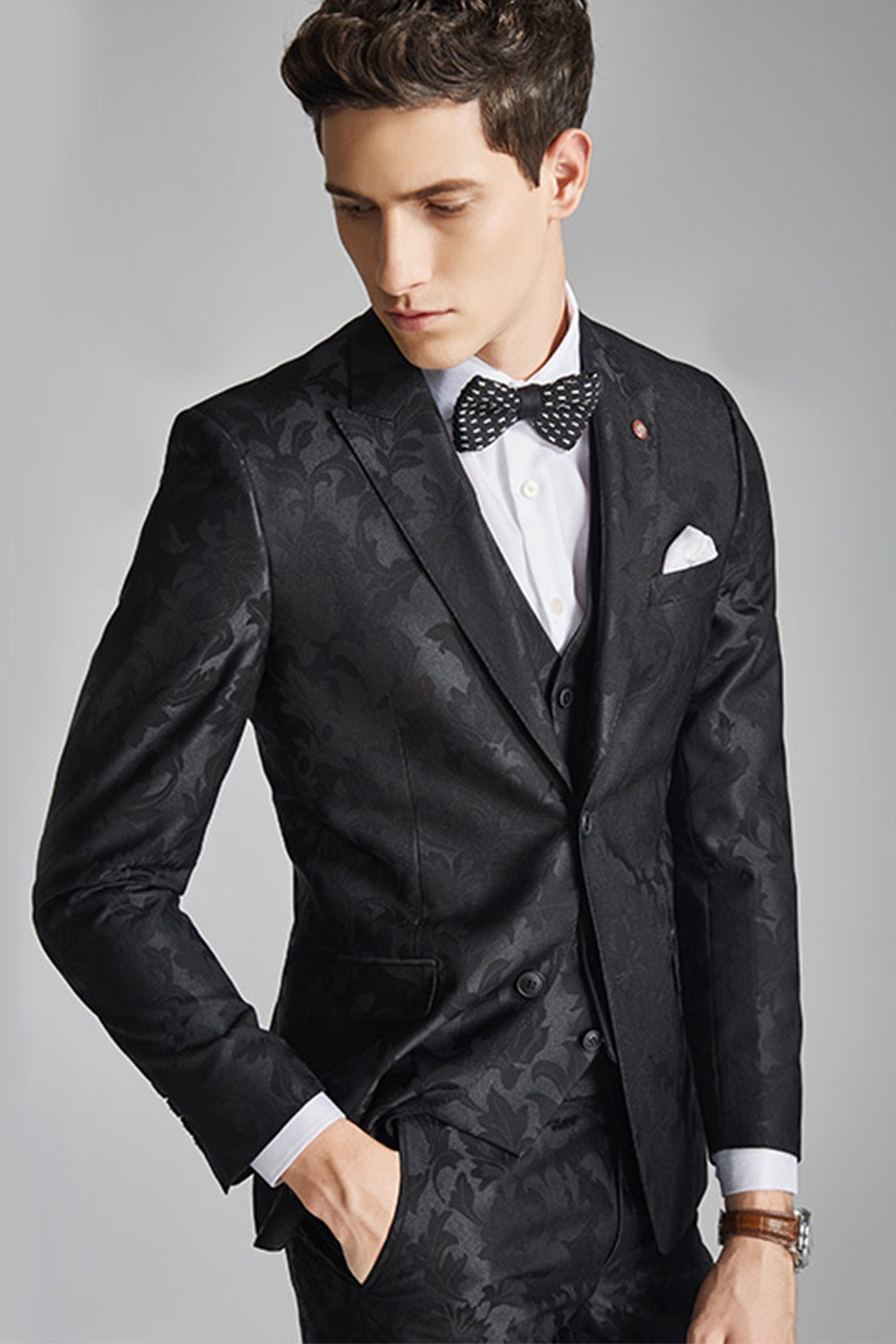 aesido 3 Piece Black Jacquard Men's Suit Business Slim Fit Groom Wedding Dress