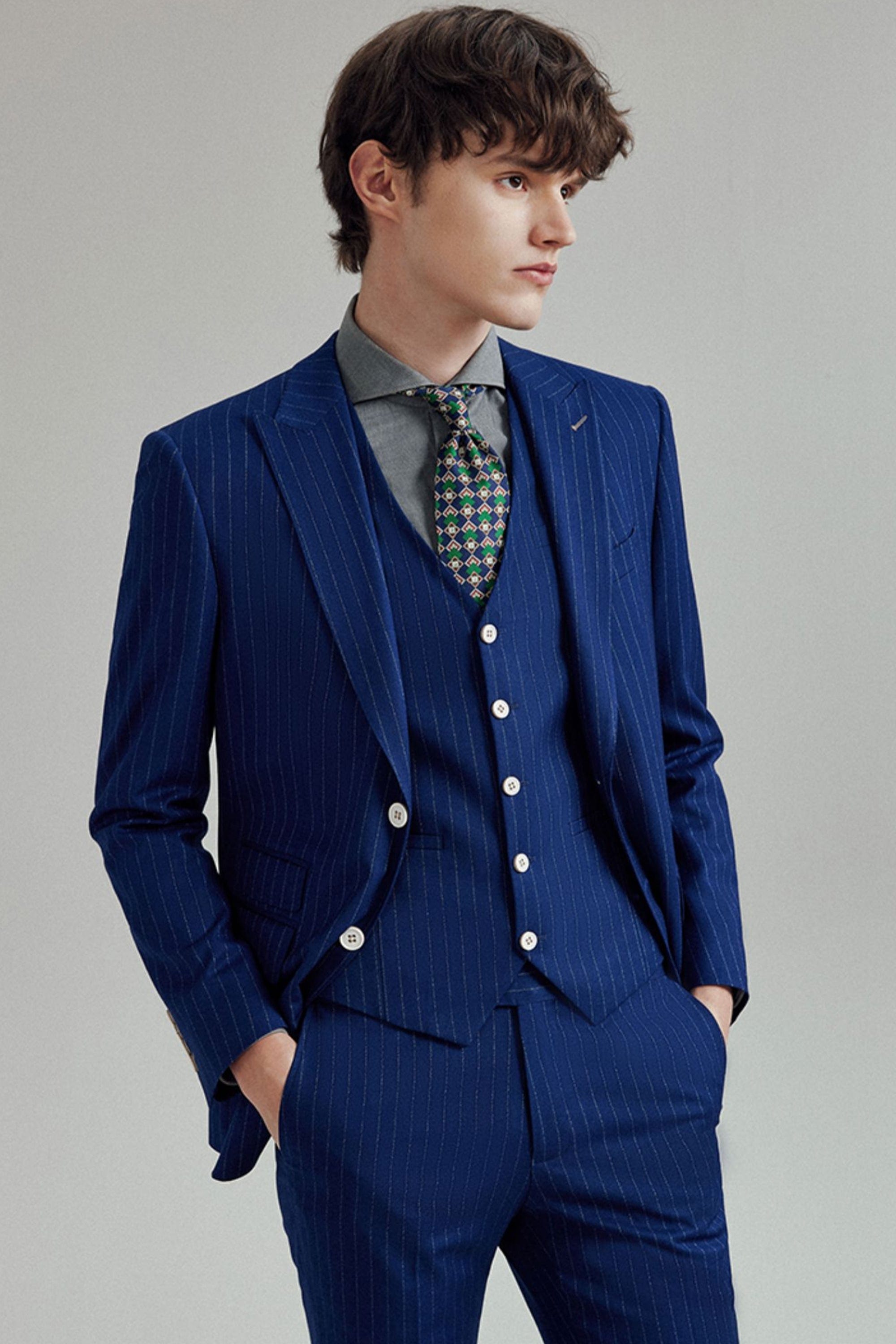 aesido 3 Piece Blue White Striped Business Casual Slim Fit Men's Suit Groom Wedding Dress