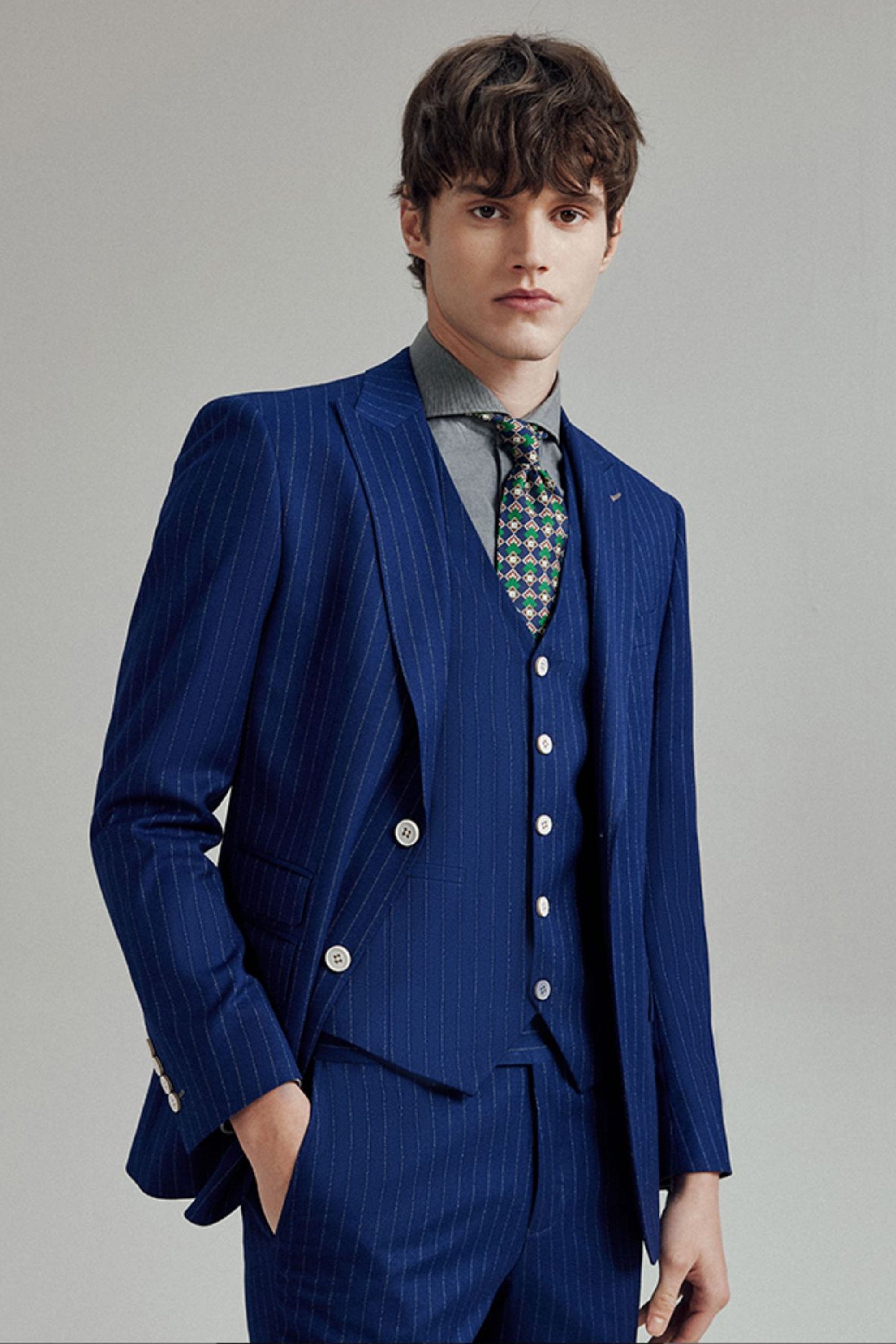 aesido 3 Piece Blue White Striped Business Casual Slim Fit Men's Suit Groom Wedding Dress