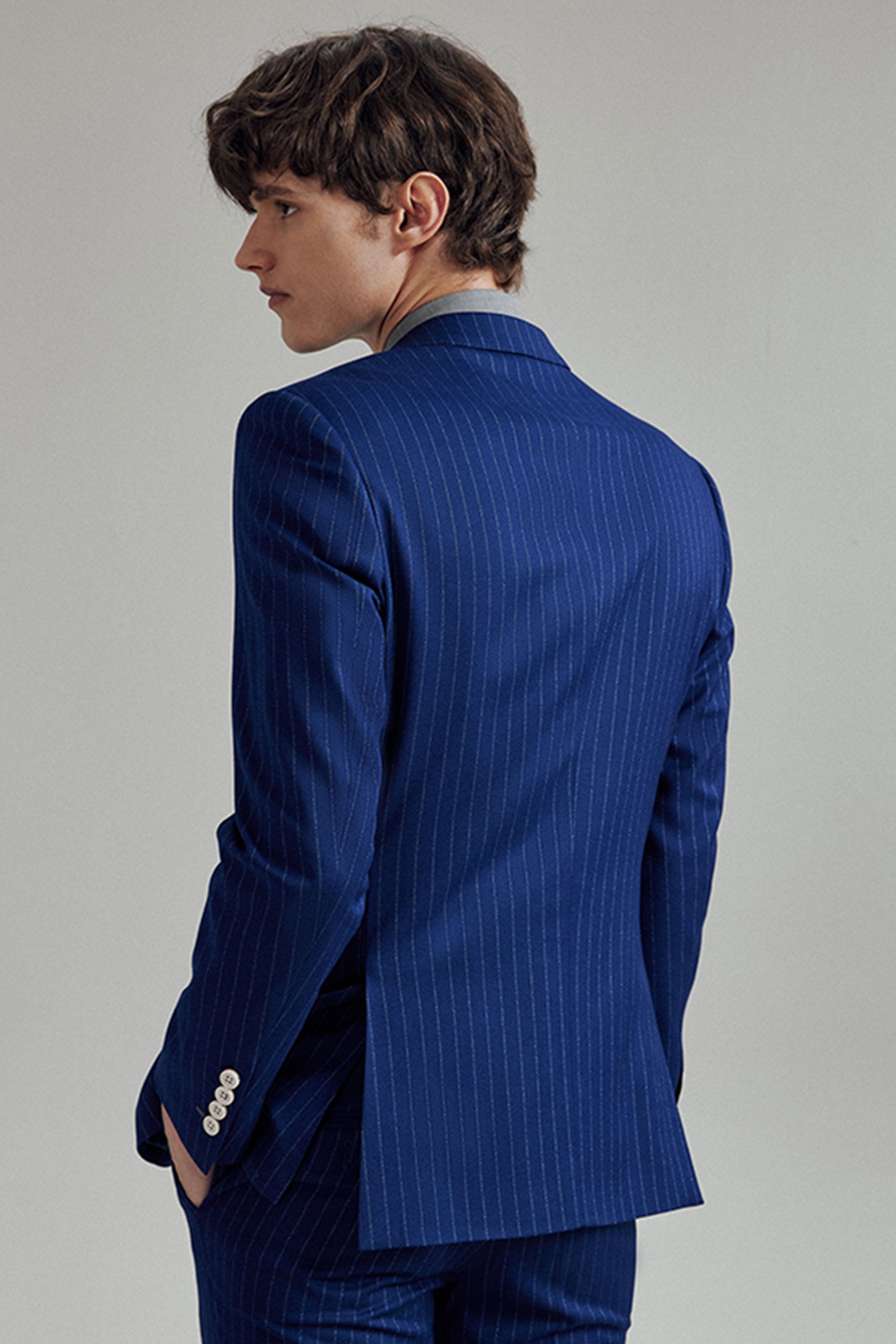 aesido 3 Piece Blue White Striped Business Casual Slim Fit Men's Suit Groom Wedding Dress