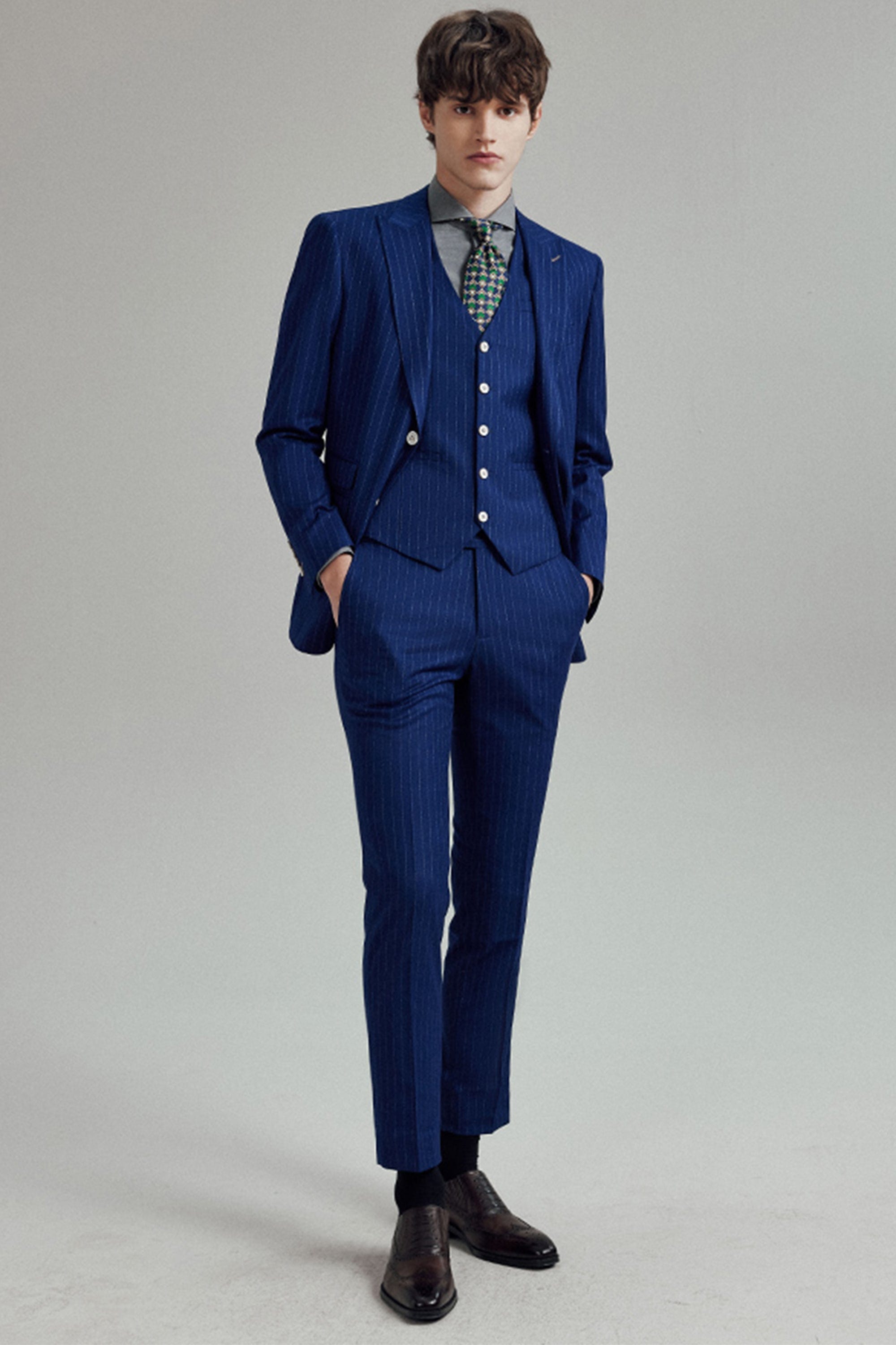 Piece Blue White Striped Business Casual Slim Fit Men's Suit Groom W