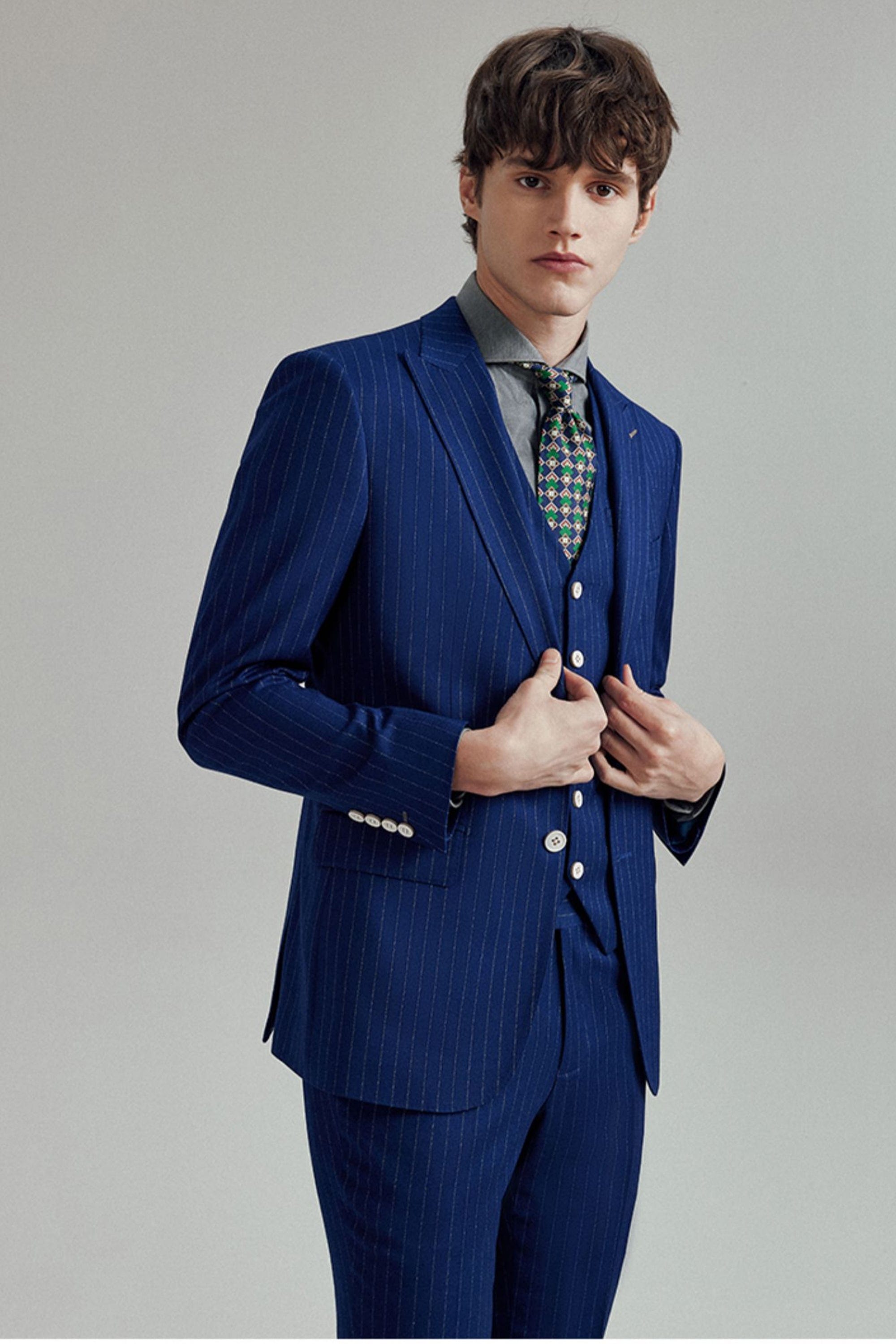 aesido 3 Piece Blue White Striped Business Casual Slim Fit Men's Suit Groom Wedding Dress