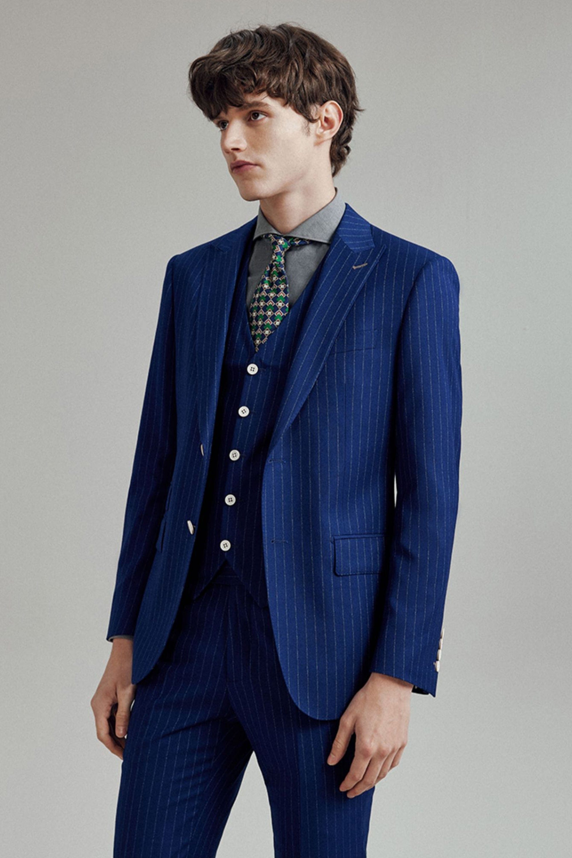 aesido 3 Piece Blue White Striped Business Casual Slim Fit Men's Suit Groom Wedding Dress