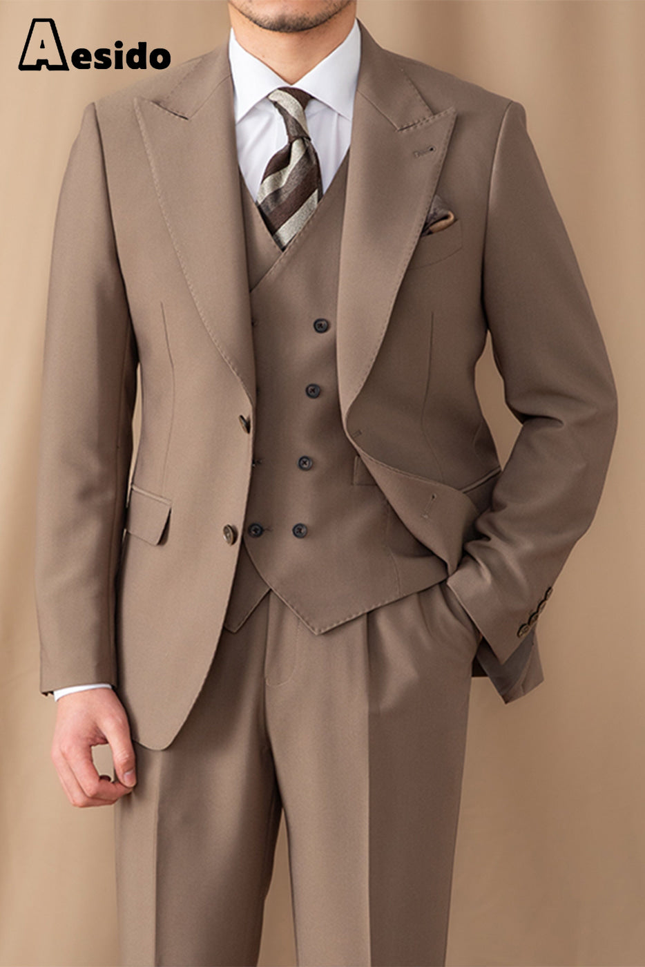 aesido 3 Piece Business Casual Peak Lapel Men's Suit (Blazer+Vest+Pants)