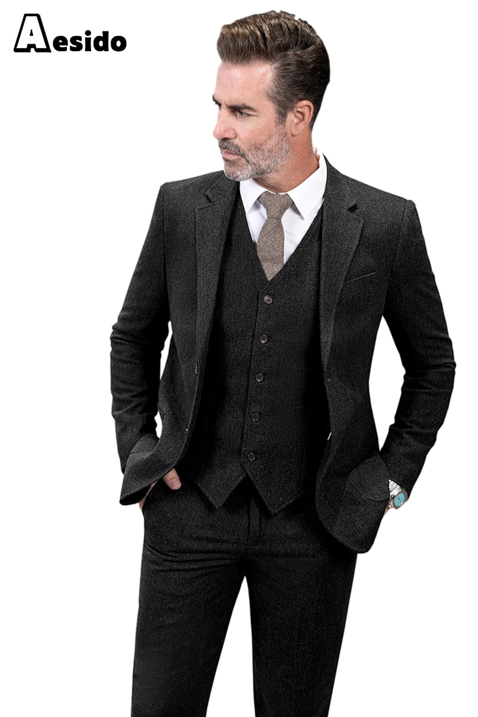 aesido 3 Piece Business Notch Lapel Men's Suit(Blazer+VestPants)