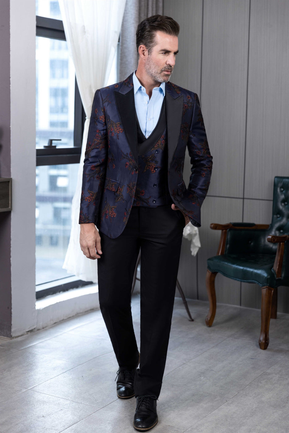 aesido 3 Piece Casual Peak Lapel Men's Suit(Blazer+Vest+Pants)