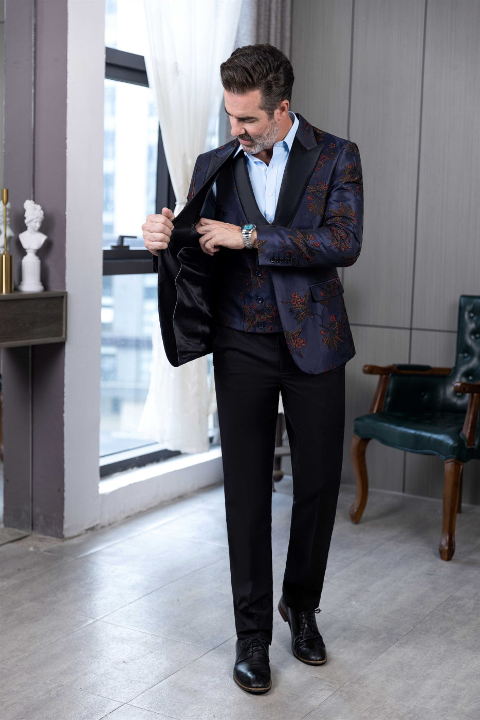 aesido 3 Piece Casual Peak Lapel Men's Suit(Blazer+Vest+Pants)