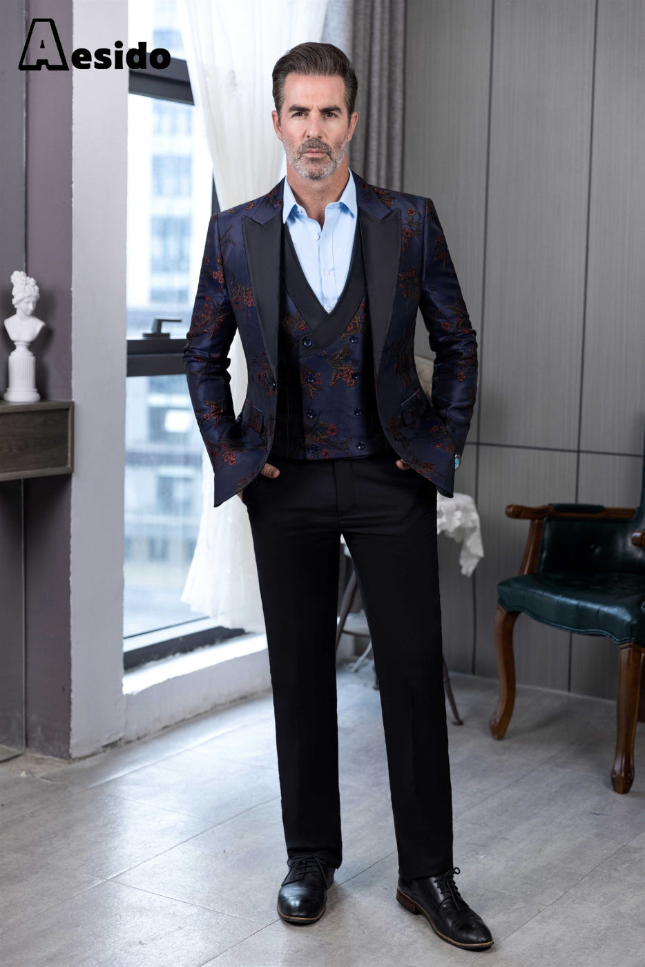 aesido 3 Piece Casual Peak Lapel Men's Suit(Blazer+Vest+Pants)