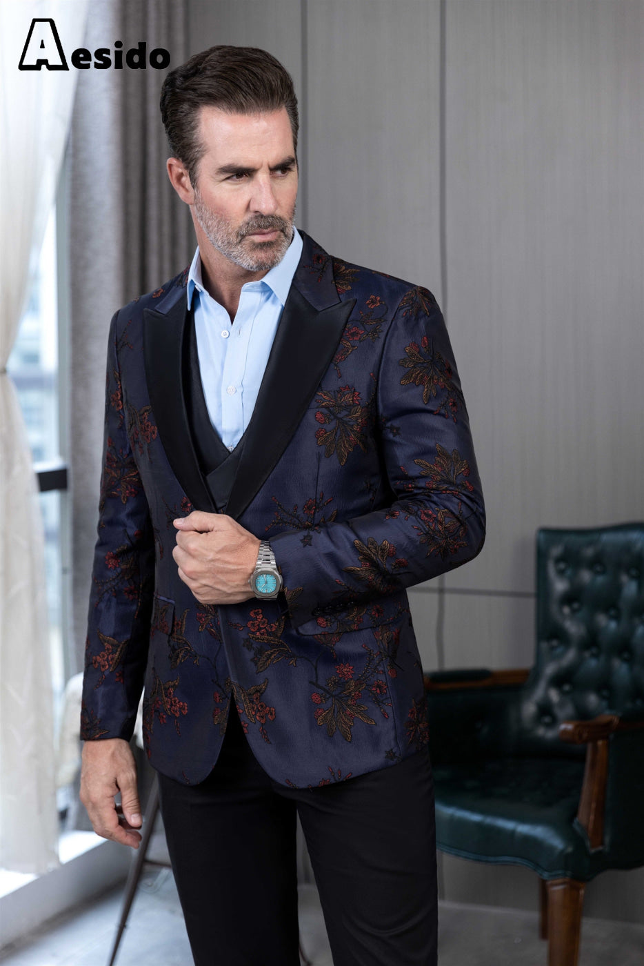 aesido 3 Piece Casual Peak Lapel Men's Suit(Blazer+Vest+Pants)