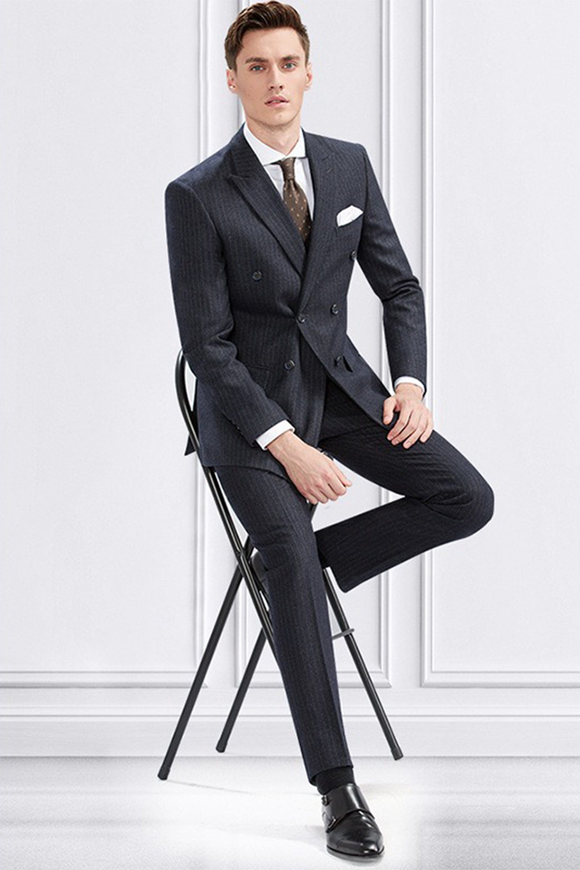 aesido 3 Piece Double Breasted Grey Striped Business Casual Slim Fit Men's Suit Groom Wedding Dress