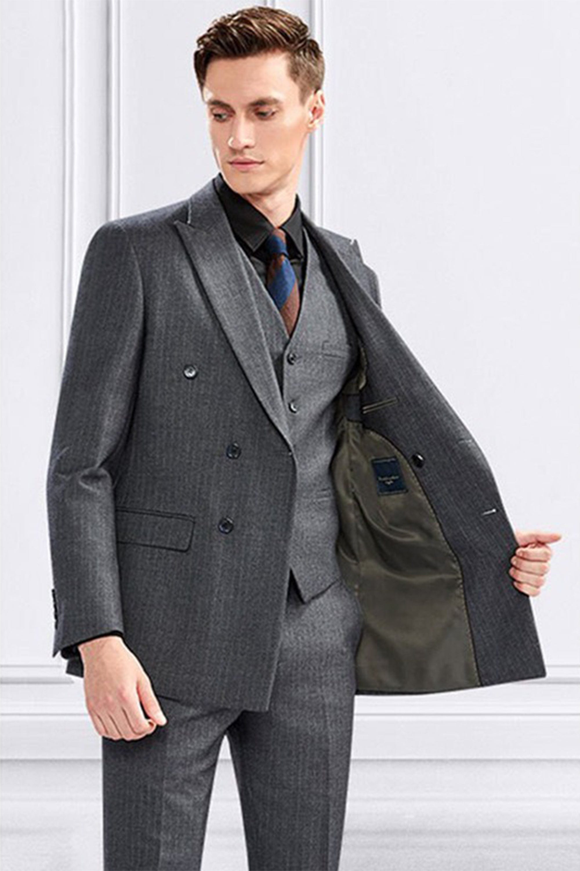 aesido 3 Piece Double Breasted Grey Striped Business Casual Slim Fit Men's Suit Groom Wedding Dress