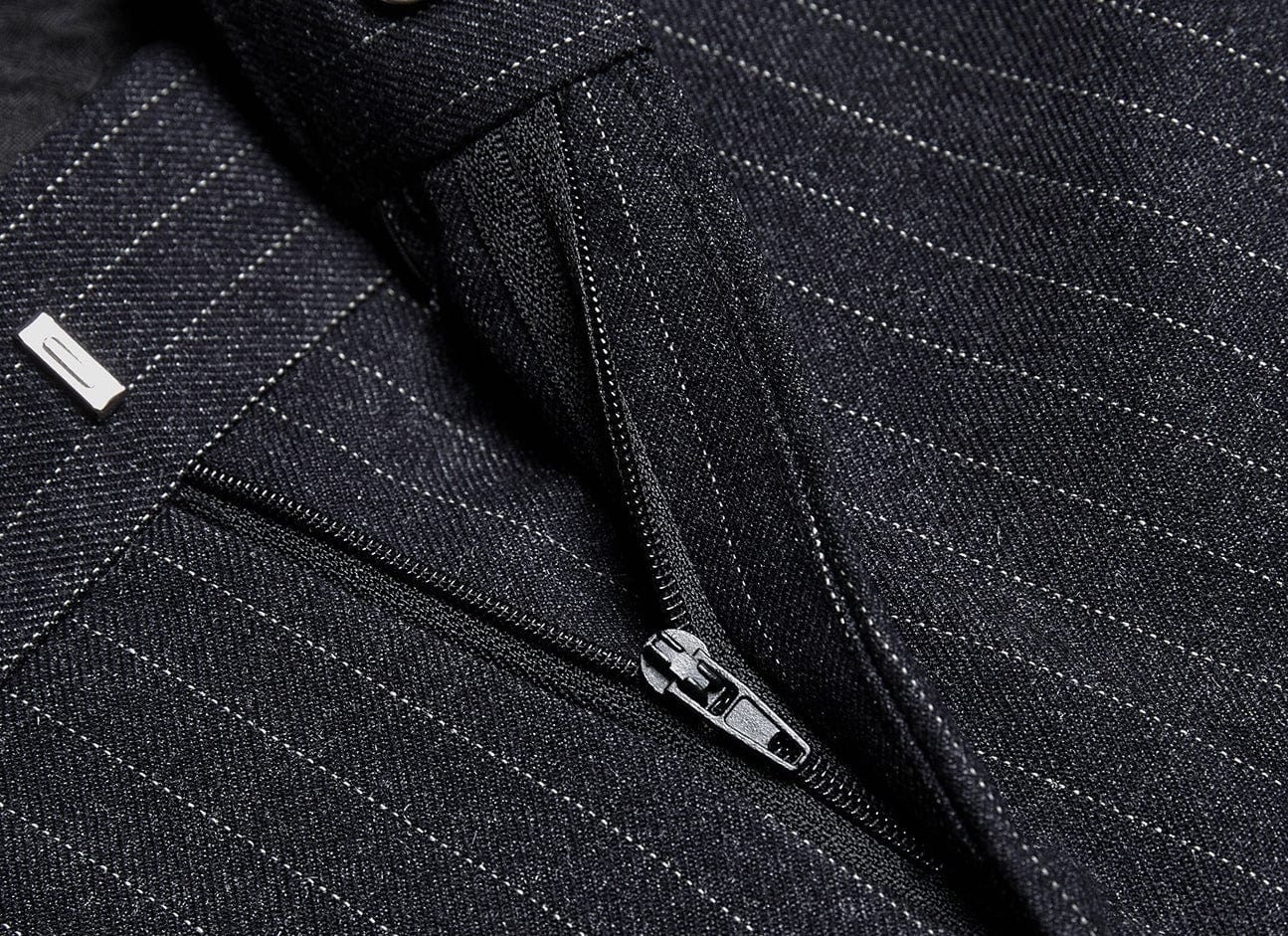 aesido 3 Piece Double Breasted Grey Striped Business Casual Slim Fit Men's Suit Groom Wedding Dress