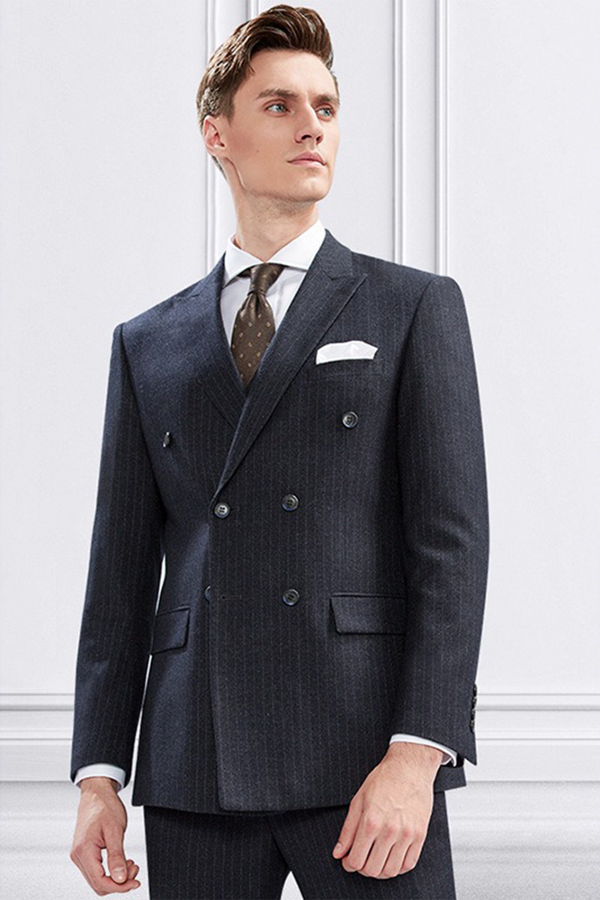 aesido 3 Piece Double Breasted Grey Striped Business Casual Slim Fit Men's Suit Groom Wedding Dress