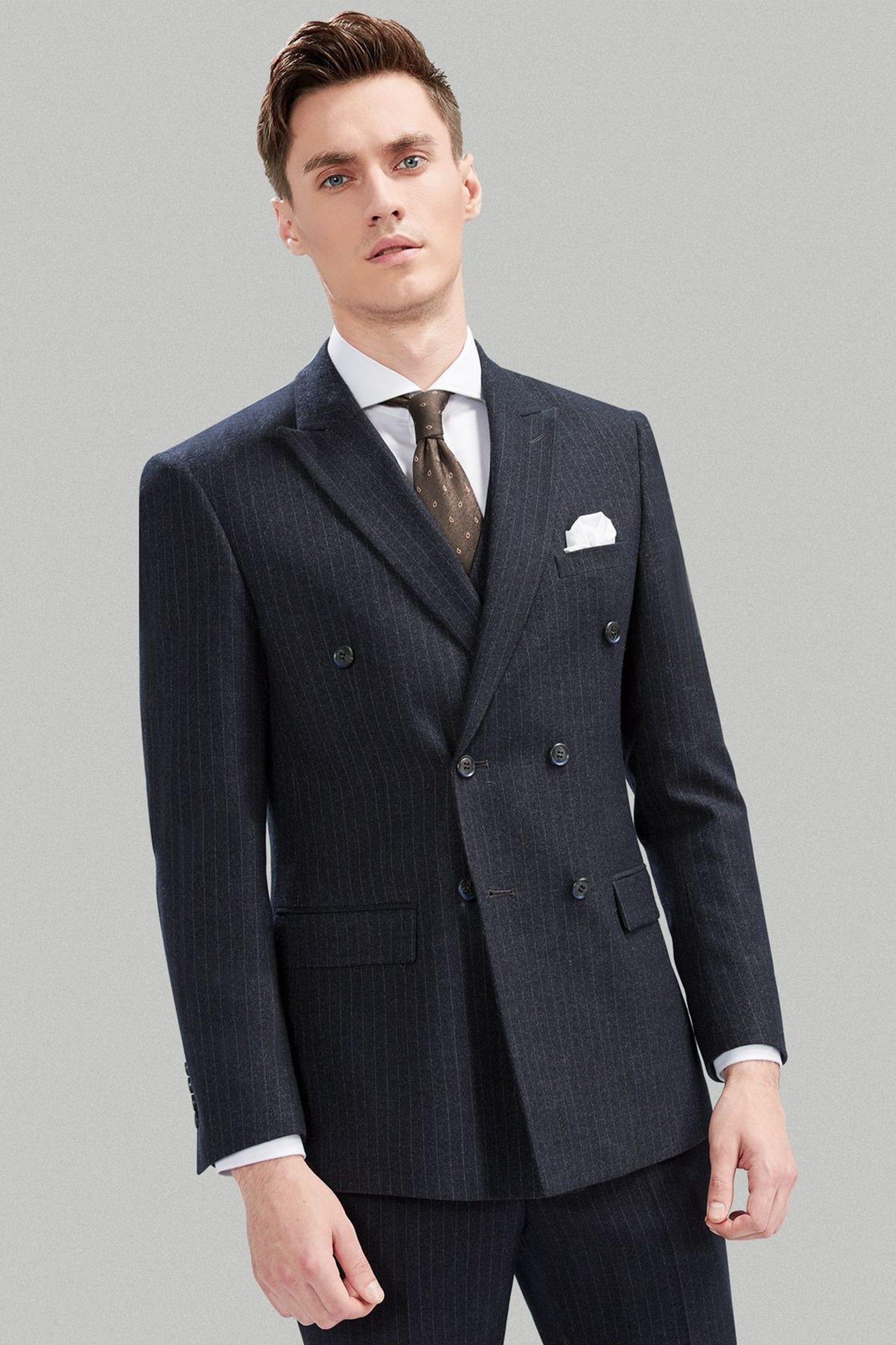 aesido 3 Piece Double Breasted Grey Striped Business Casual Slim Fit Men's Suit Groom Wedding Dress