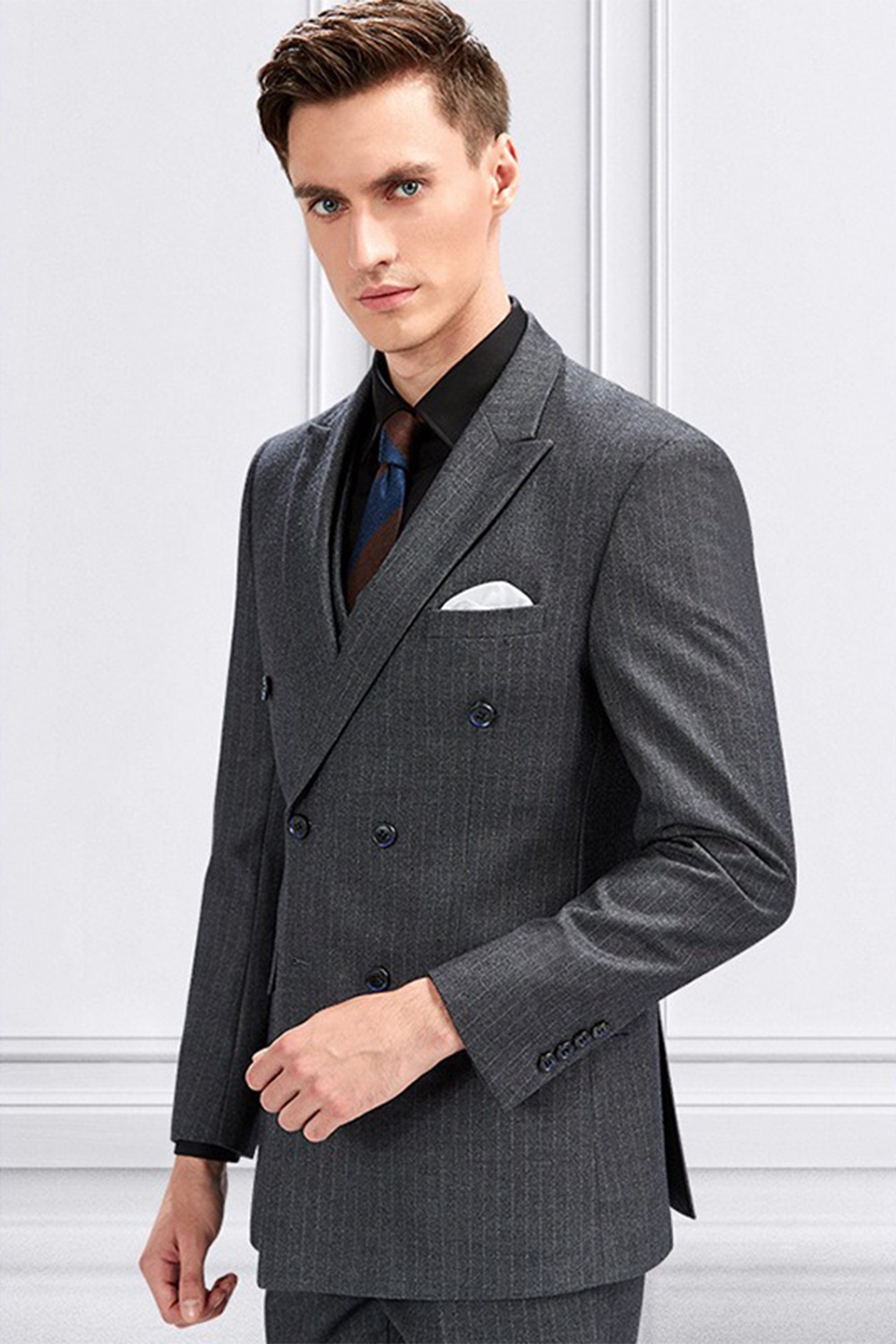 aesido 3 Piece Double Breasted Grey Striped Business Casual Slim Fit Men's Suit Groom Wedding Dress