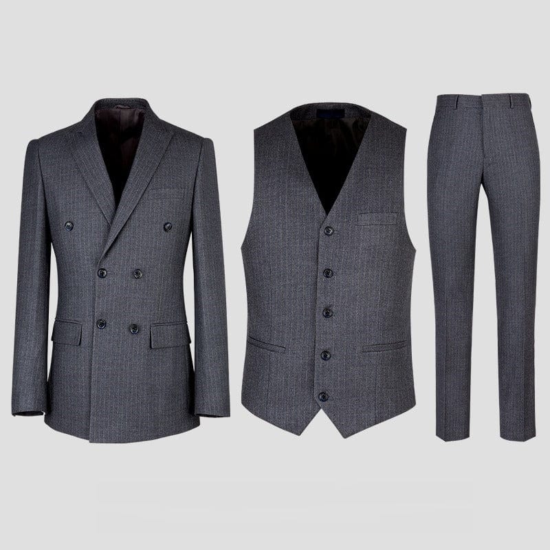 aesido 3 Piece Double Breasted Grey Striped Business Casual Slim Fit Men's Suit Groom Wedding Dress
