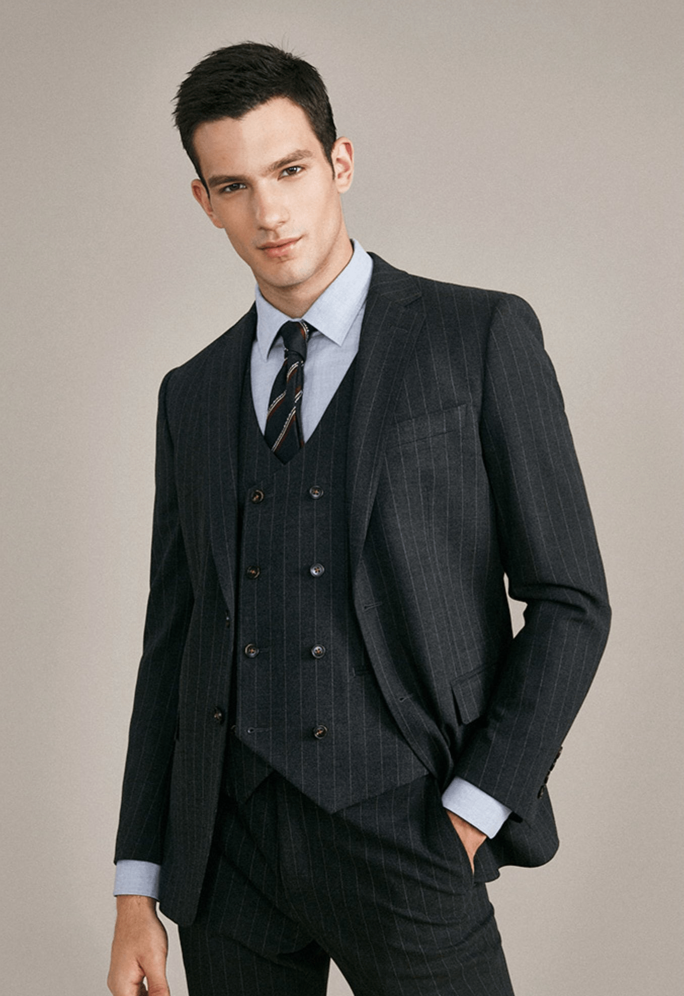 aesido 3 Piece Grey Black Striped Men's Suit Groom Wedding High-End Dress