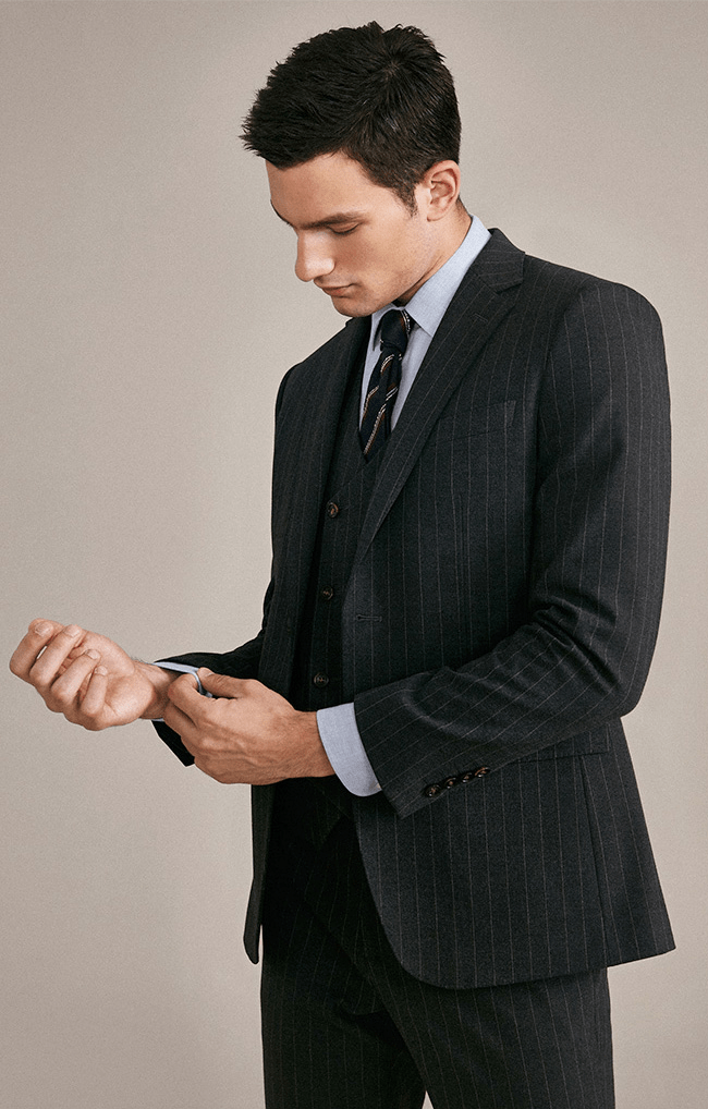 aesido 3 Piece Grey Black Striped Men's Suit Groom Wedding High-End Dress