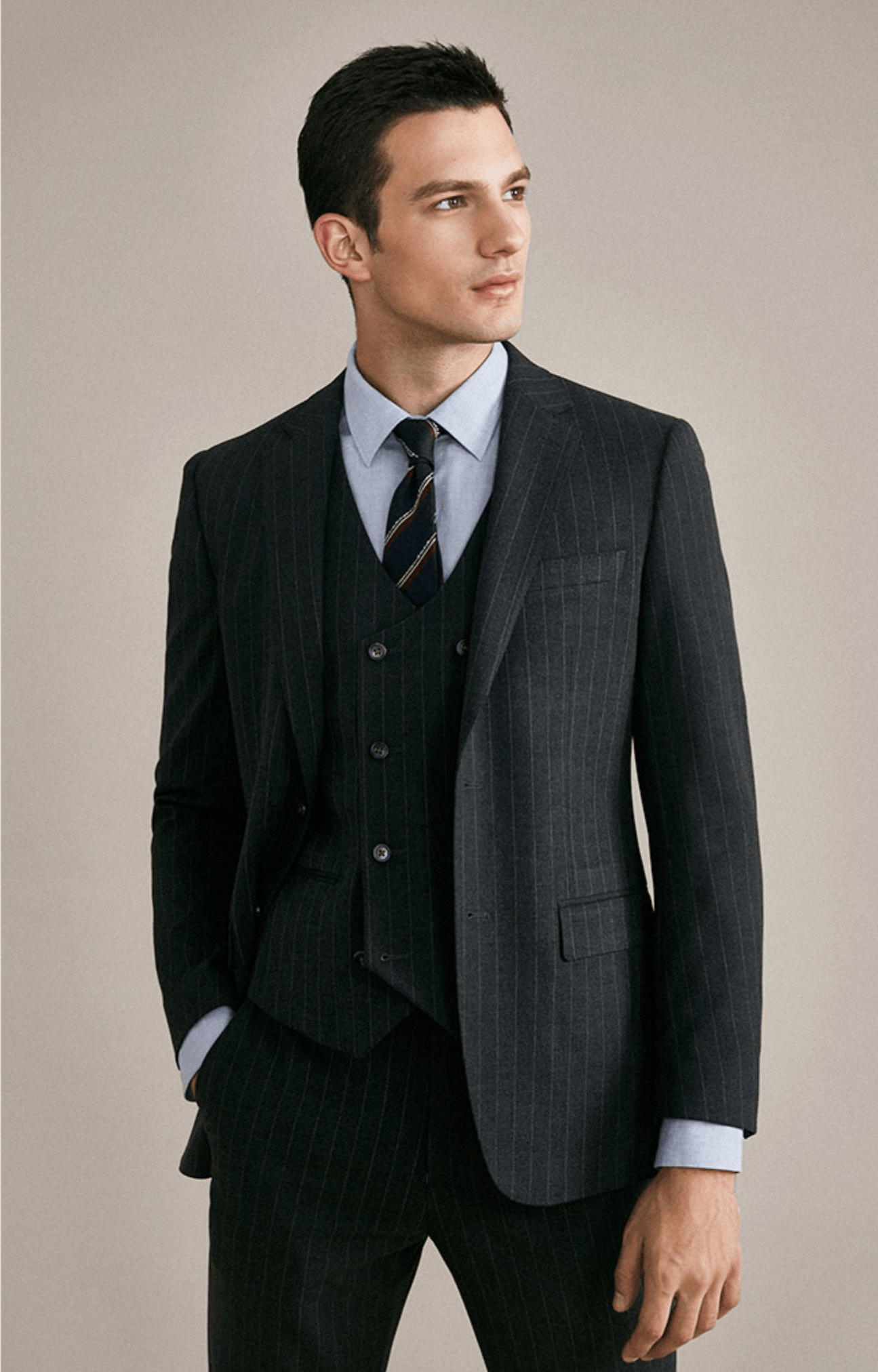 aesido 3 Piece Grey Black Striped Men's Suit Groom Wedding High-End Dress