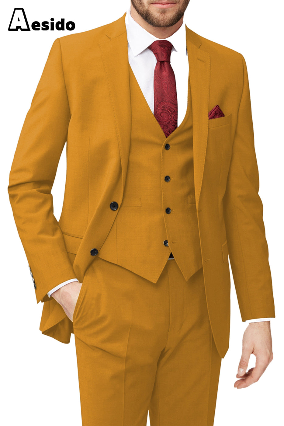 aesido 3 Piece Leisure Notch Lapel Jacket(Blazer+Vest+Pants)