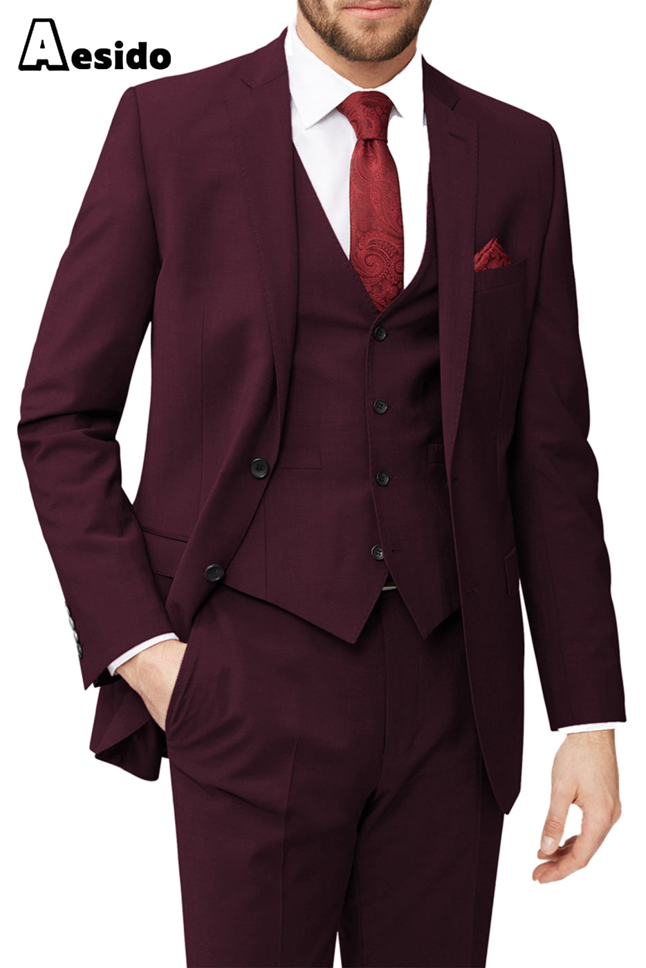 aesido 3 Piece Leisure Notch Lapel Jacket(Blazer+Vest+Pants)