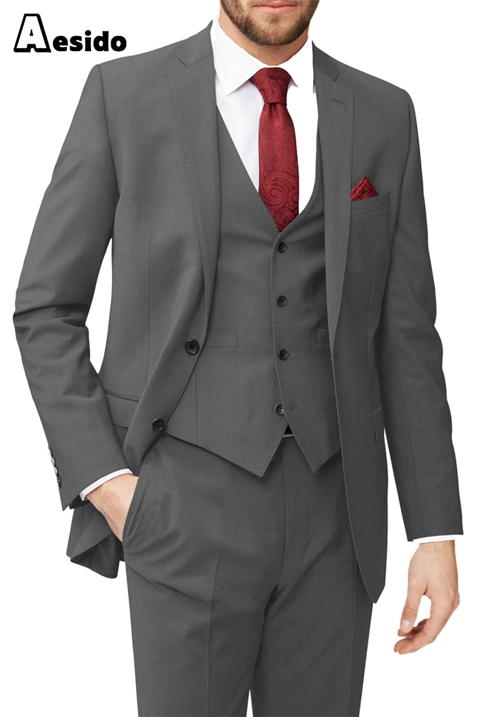 aesido 3 Piece Leisure Notch Lapel Jacket(Blazer+Vest+Pants)