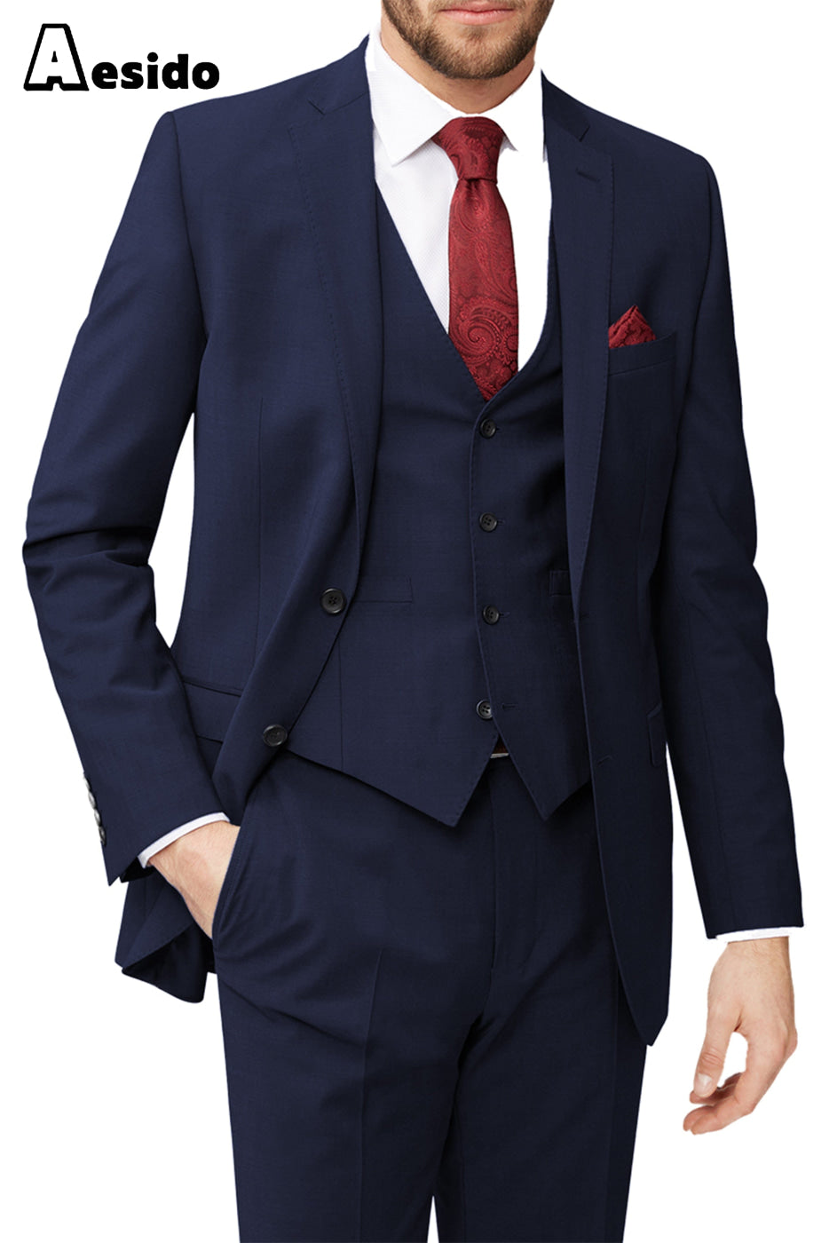 aesido 3 Piece Leisure Notch Lapel Jacket(Blazer+Vest+Pants)