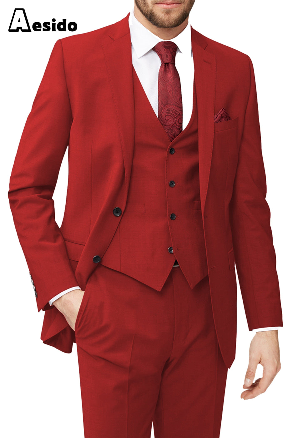 aesido 3 Piece Leisure Notch Lapel Jacket(Blazer+Vest+Pants)