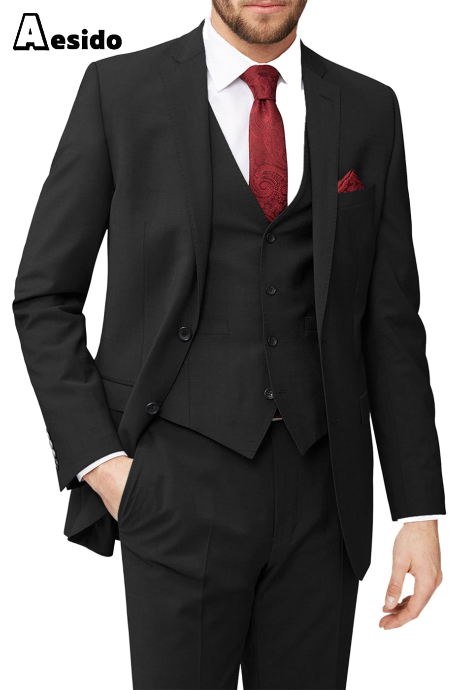 aesido 3 Piece Leisure Notch Lapel Jacket(Blazer+Vest+Pants)