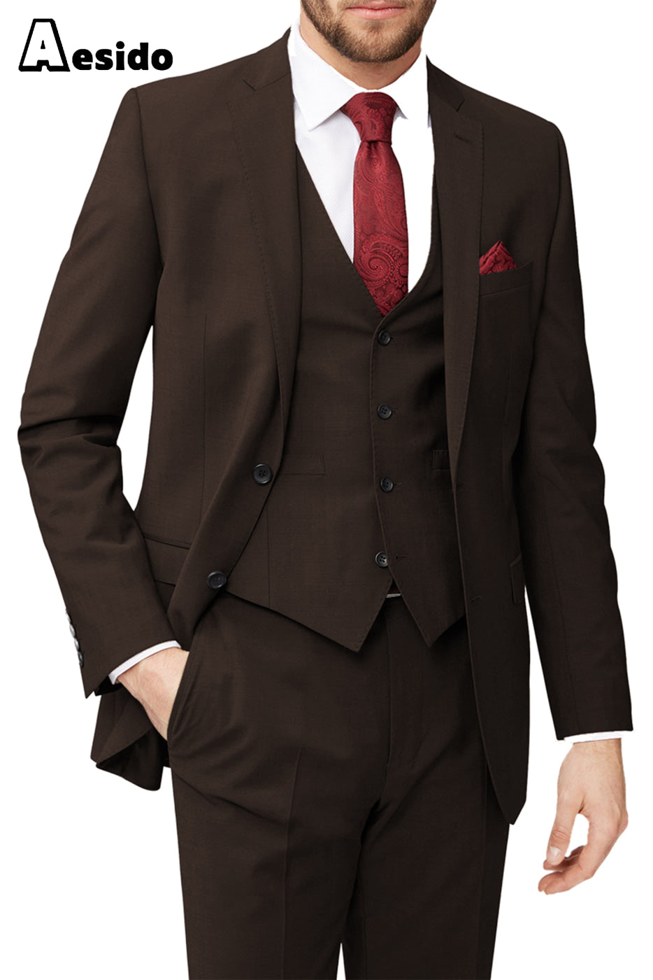 aesido 3 Piece Leisure Notch Lapel Jacket(Blazer+Vest+Pants)