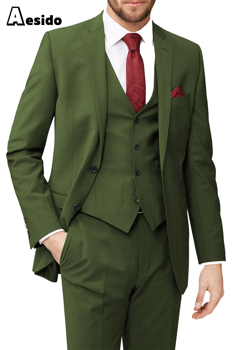 aesido 3 Piece Leisure Notch Lapel Jacket(Blazer+Vest+Pants)