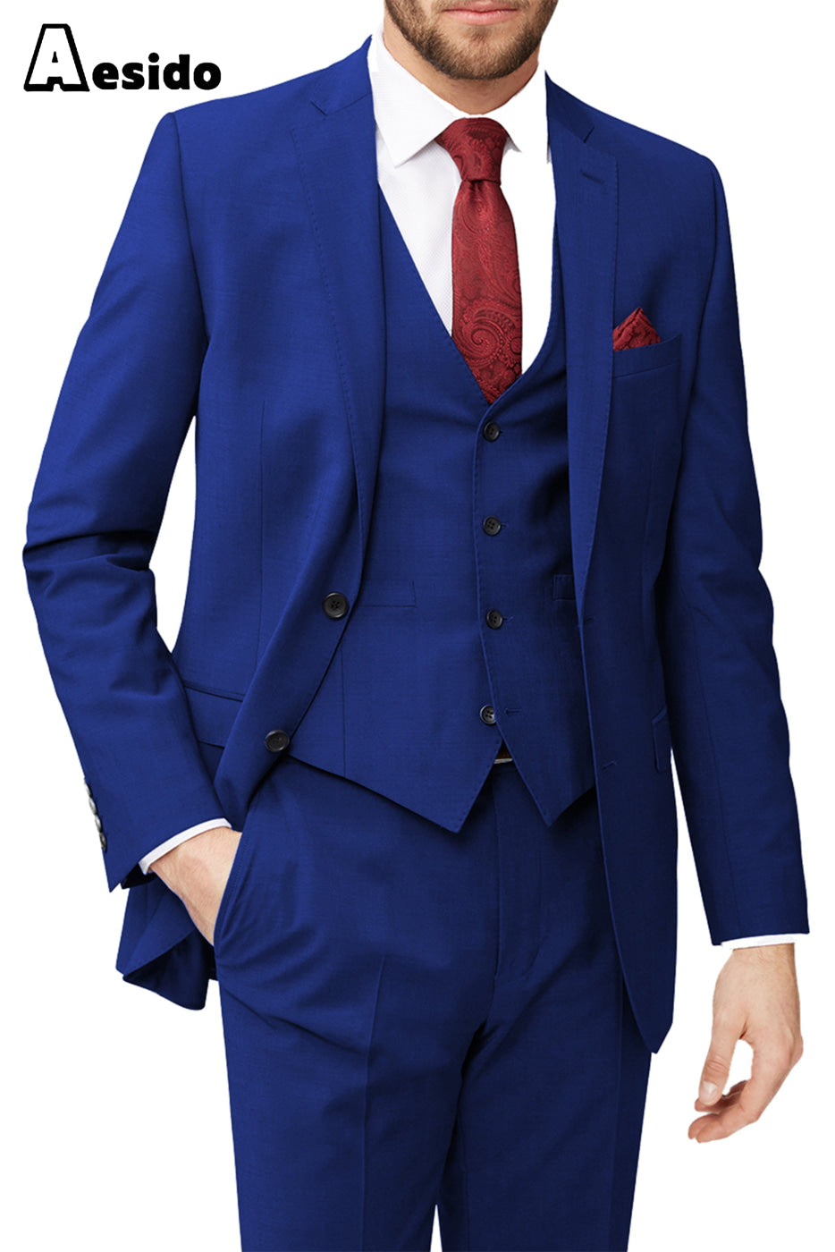 aesido 3 Piece Leisure Notch Lapel Jacket(Blazer+Vest+Pants)