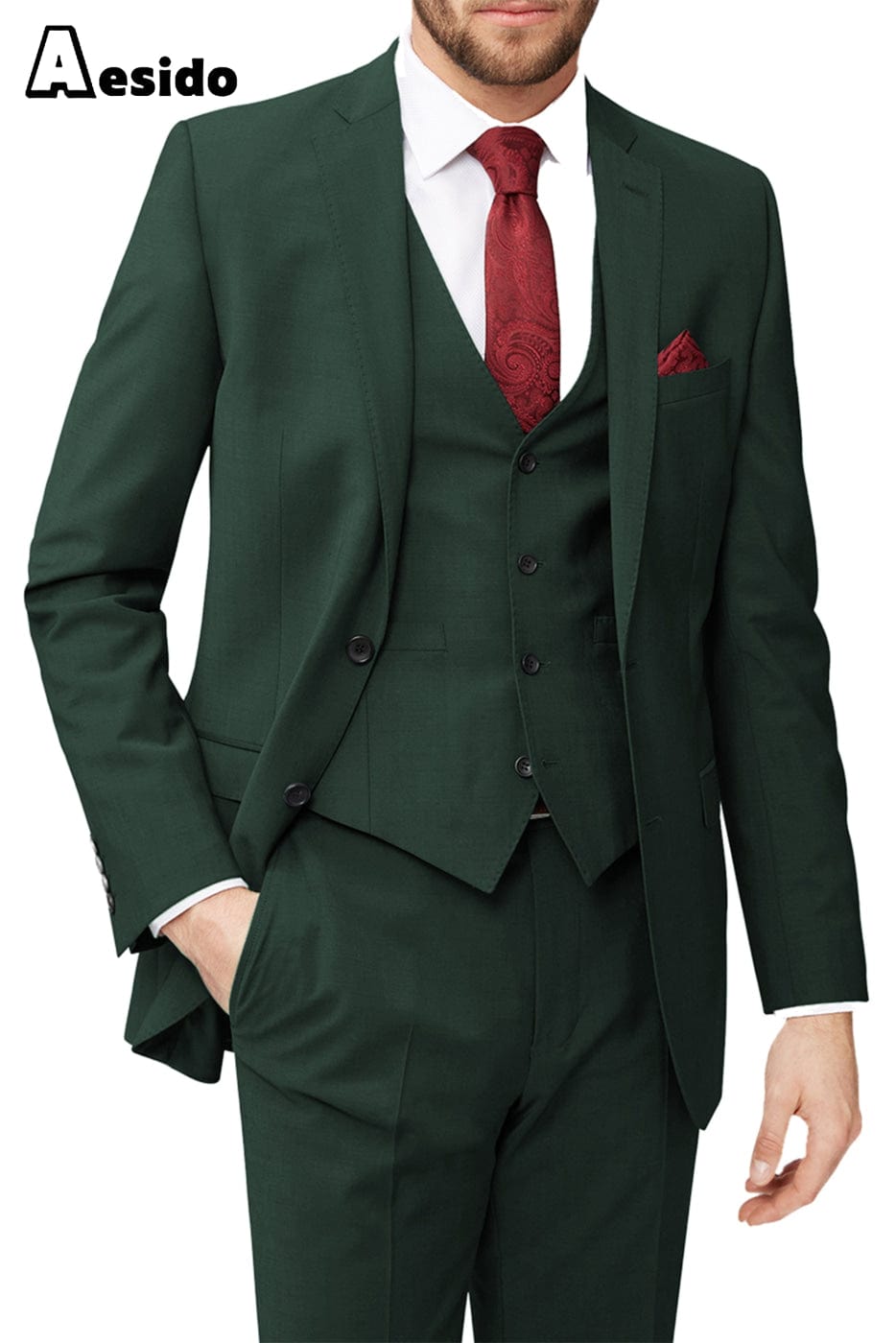 aesido 3 Piece Leisure Notch Lapel Men's Suit (Blazer+Vest+Pants)