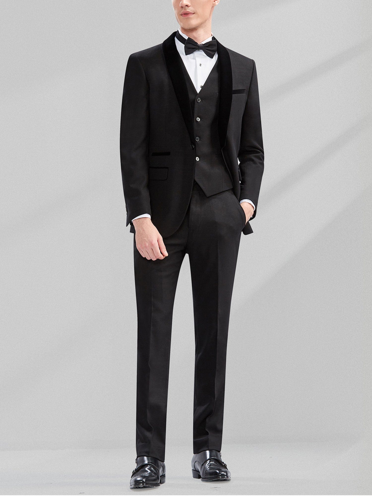 Mens Black Velvet-Lapel 3-Piece Suit Blazer, Vest & Pants Black / 44R Mens Black Velvet-Lapel 3-Piece Suit Blazer, Vest & Pants Black / 44R