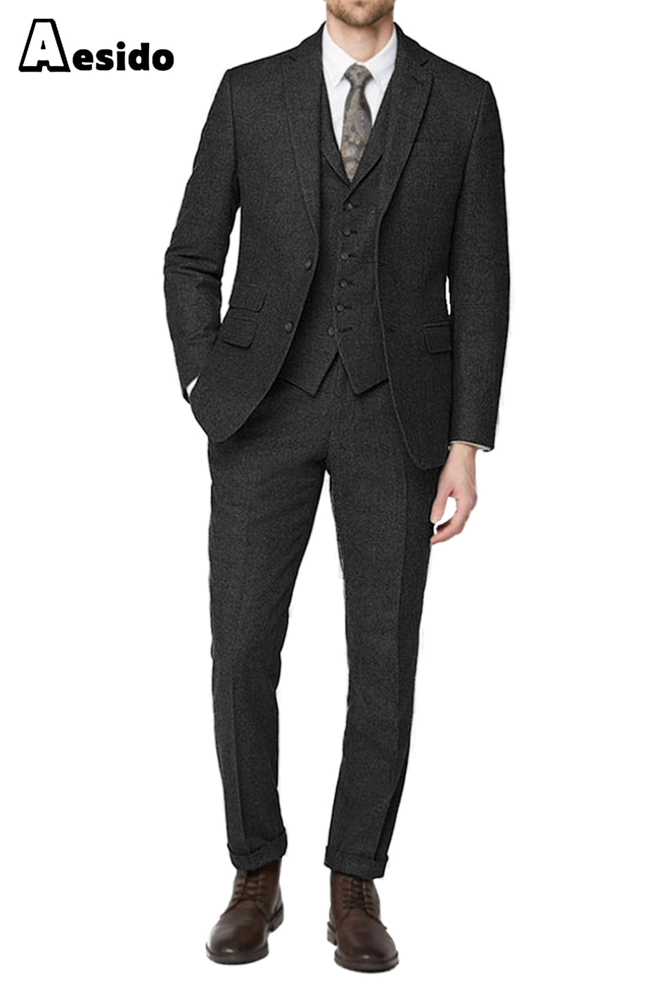 aesido 3 Piece Notch Lapel Men's Suit For Wedding(Blazer+Vest+Pants)