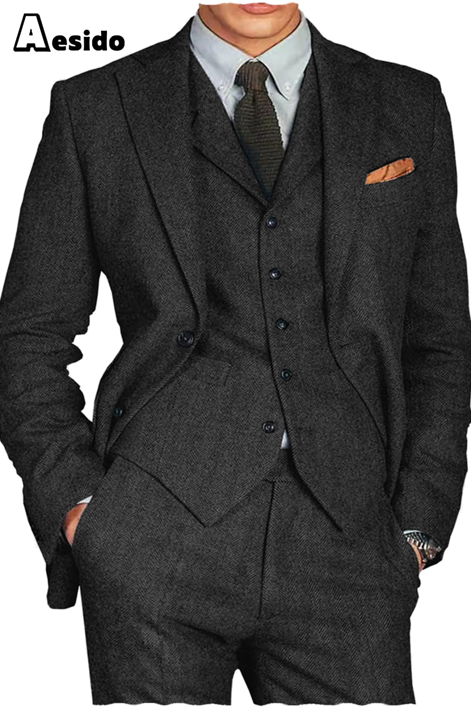 aesido 3 Piece Notch Lapel Men Suit(Blazer+Vest+Pants)