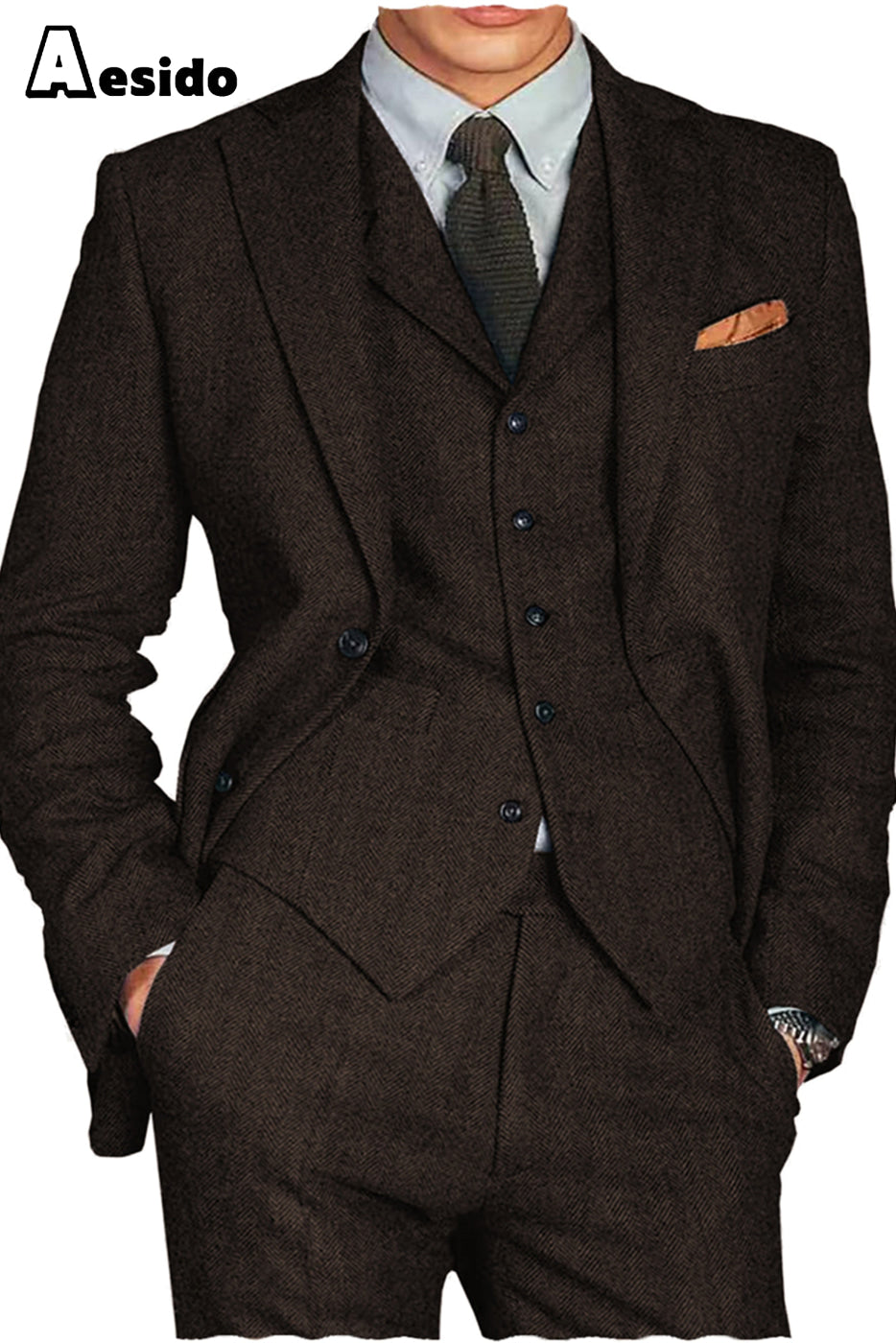 aesido 3 Piece Notch Lapel Men Suit(Blazer+Vest+Pants)