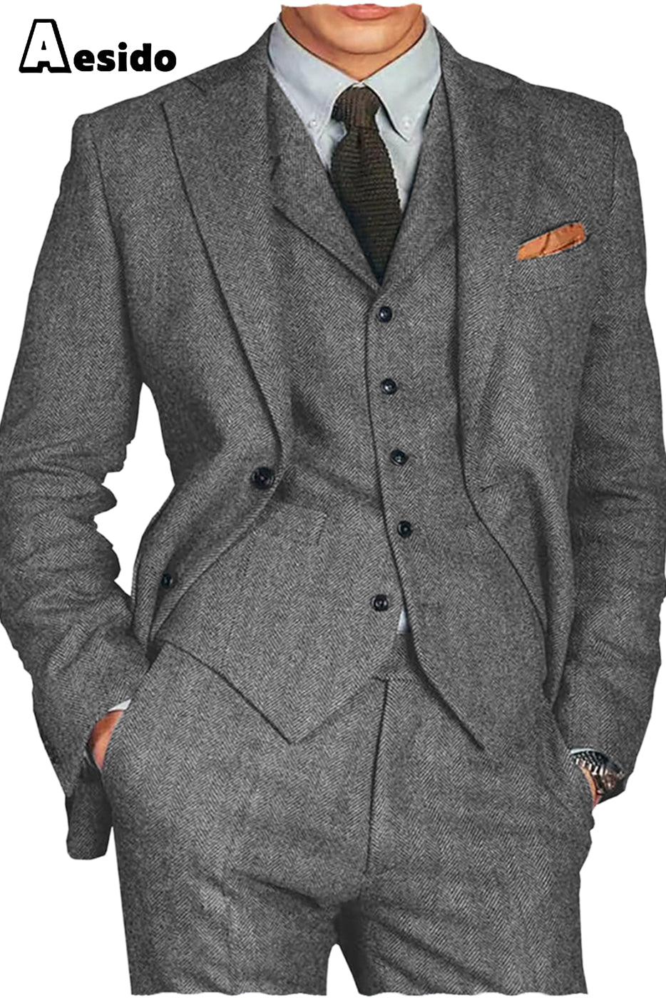 aesido 3 Piece Notch Lapel Men Suit(Blazer+Vest+Pants)